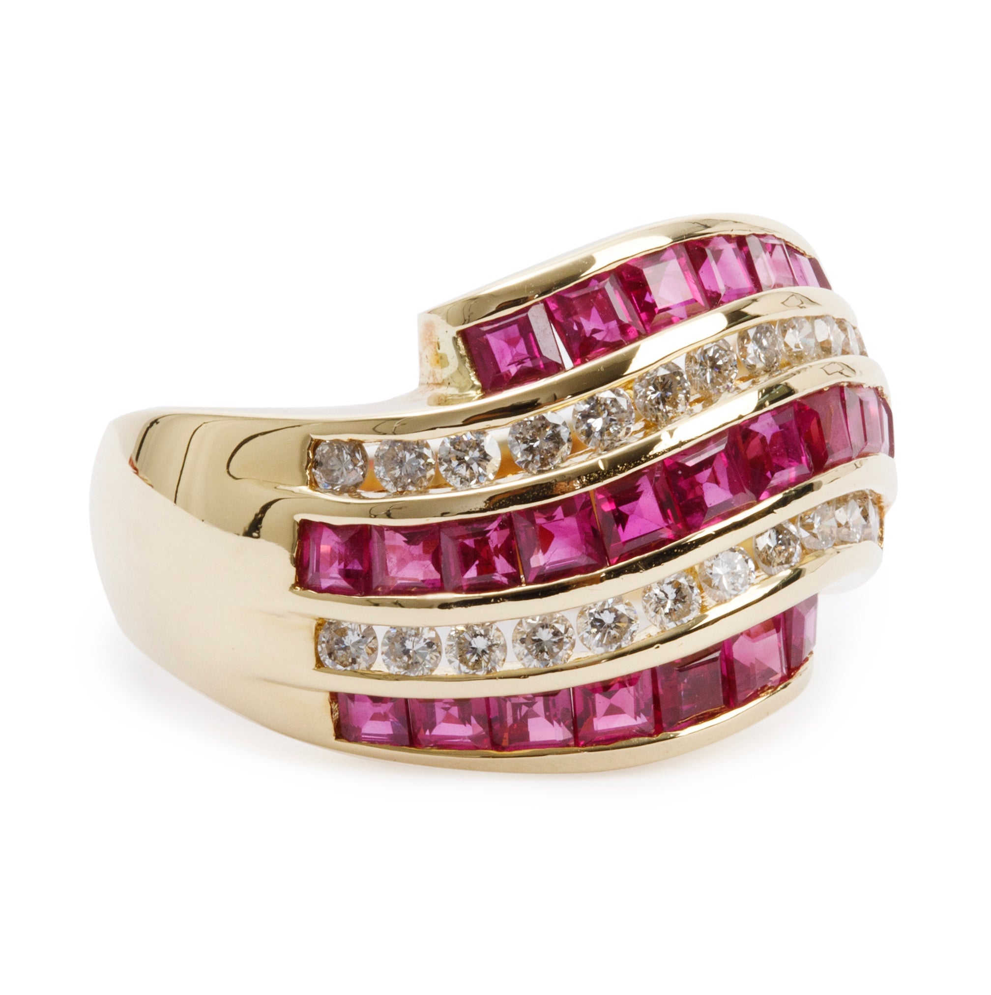 18k Yellow Gold Ruby and Diamond Cocktail Ring, Size 7