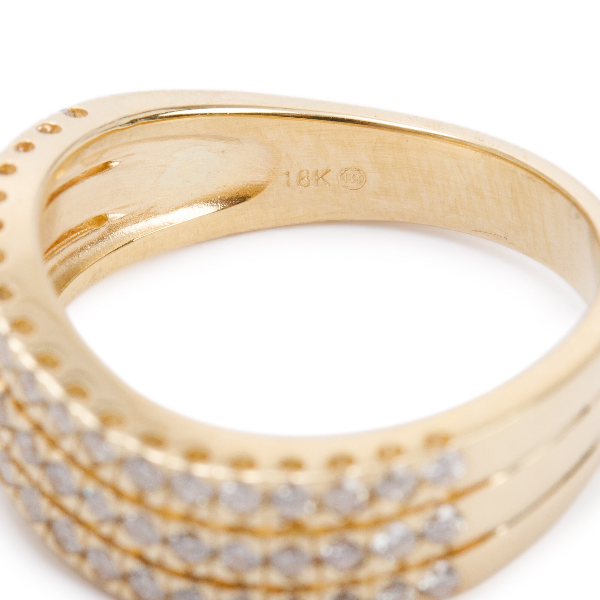 18k Yellow Gold Three-Row Diamond Band Ring, Size 6.5