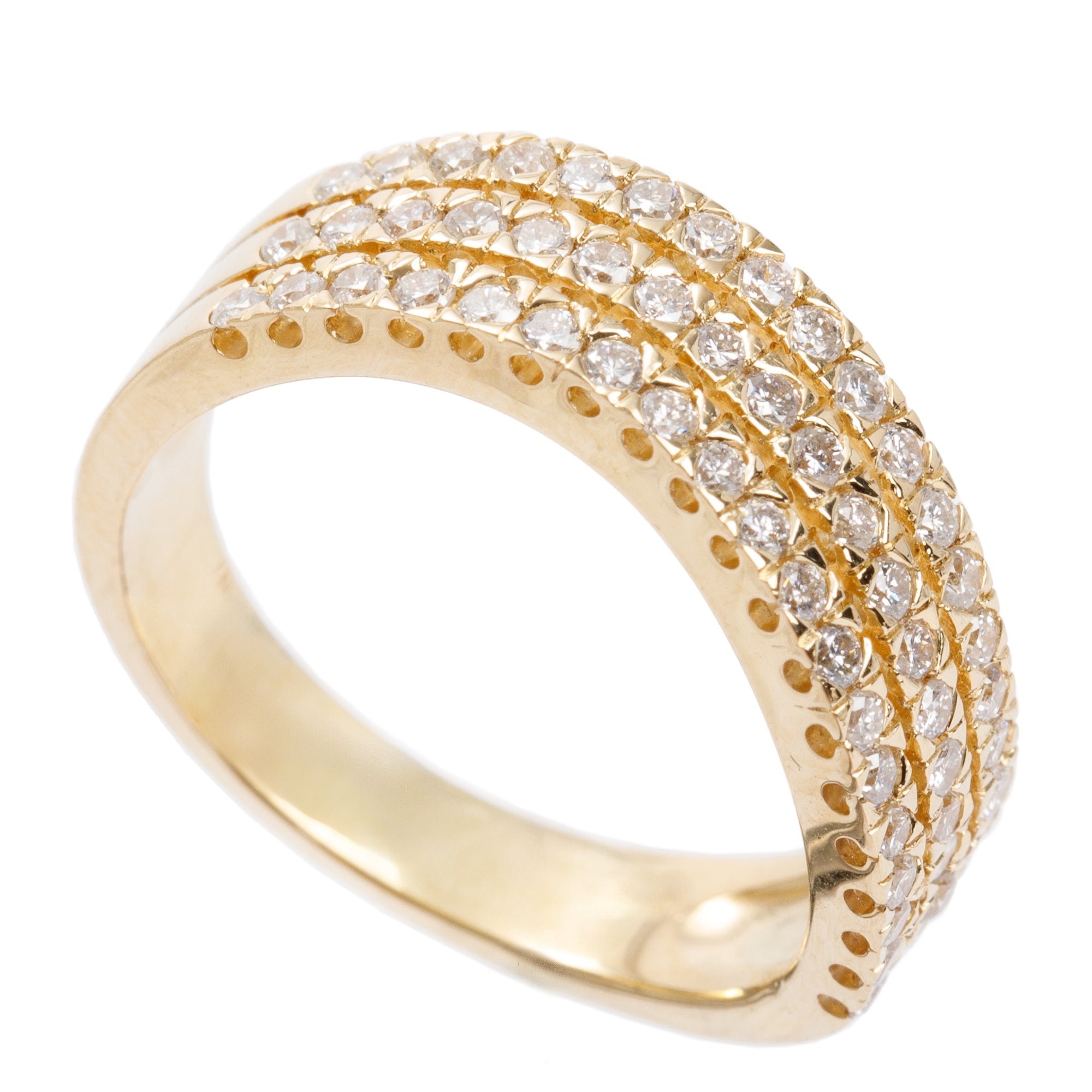 18k Yellow Gold Three-Row Diamond Band Ring, Size 6.5