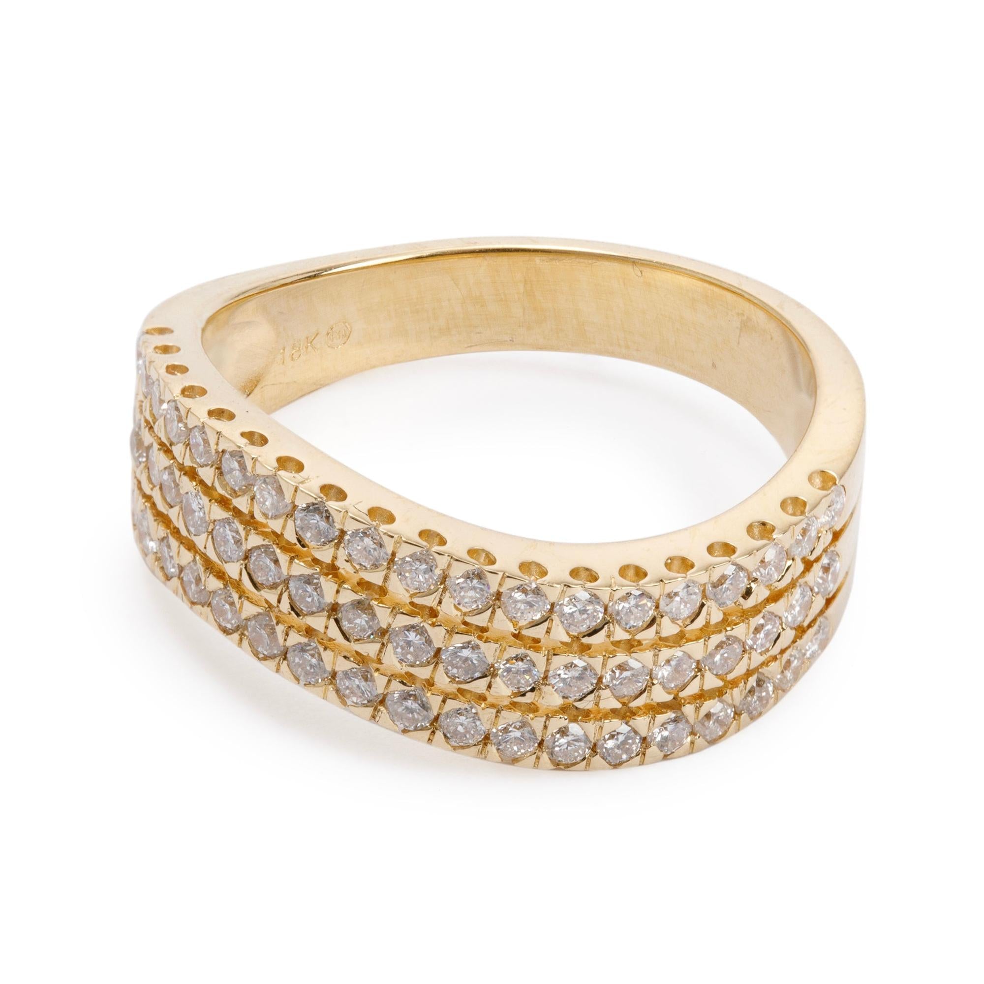 18k Yellow Gold Three-Row Diamond Band Ring, Size 6.5