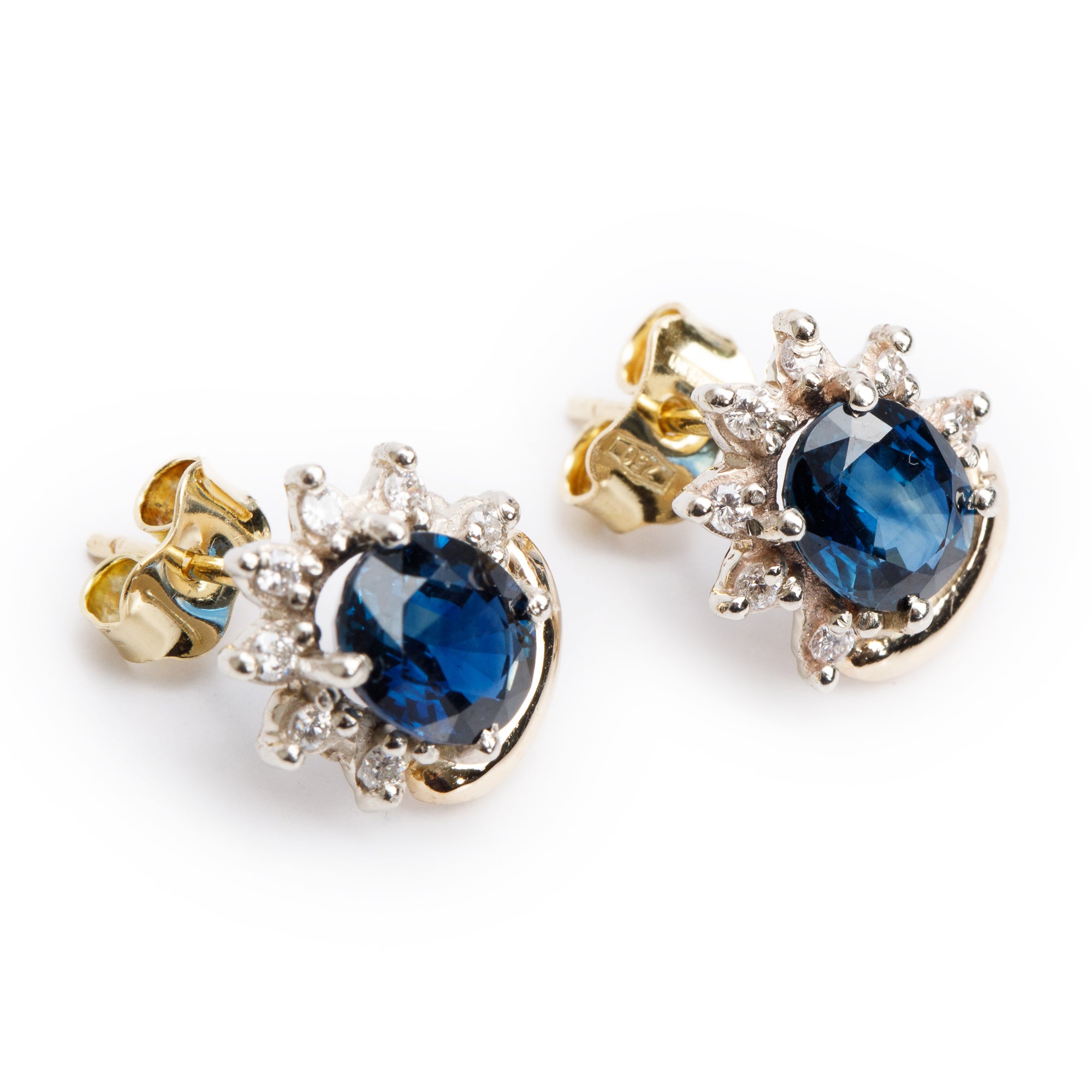 18k Yellow and White Gold Blue Sapphire & Diamond Earrings Stud Earrings