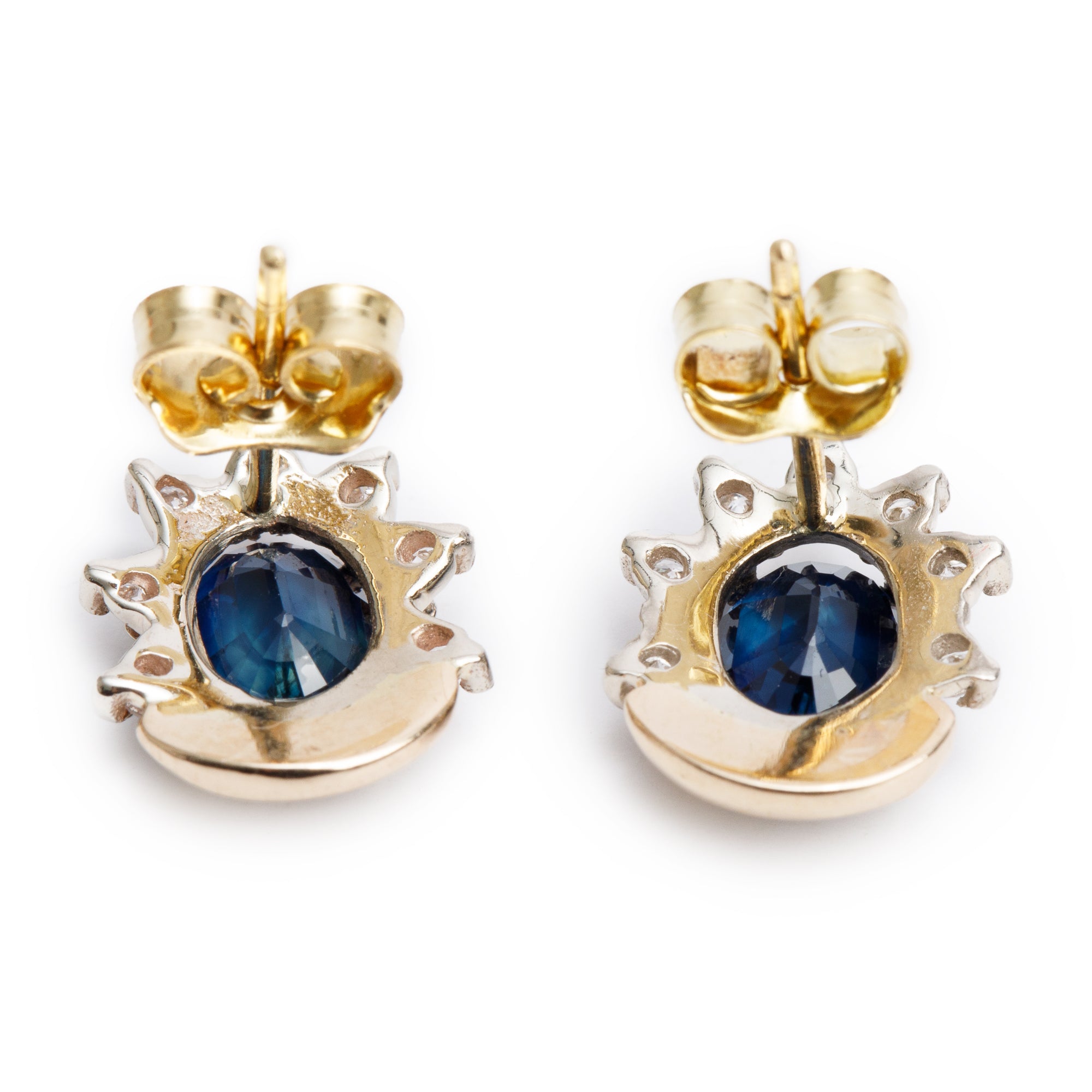 18k Yellow and White Gold Blue Sapphire & Diamond Earrings Stud Earrings