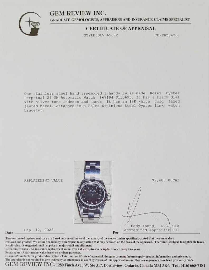 Rolex Stainless Steel Oyster Perpetual 26 MM Automatic Watch Black Dial 67194 w/ Box