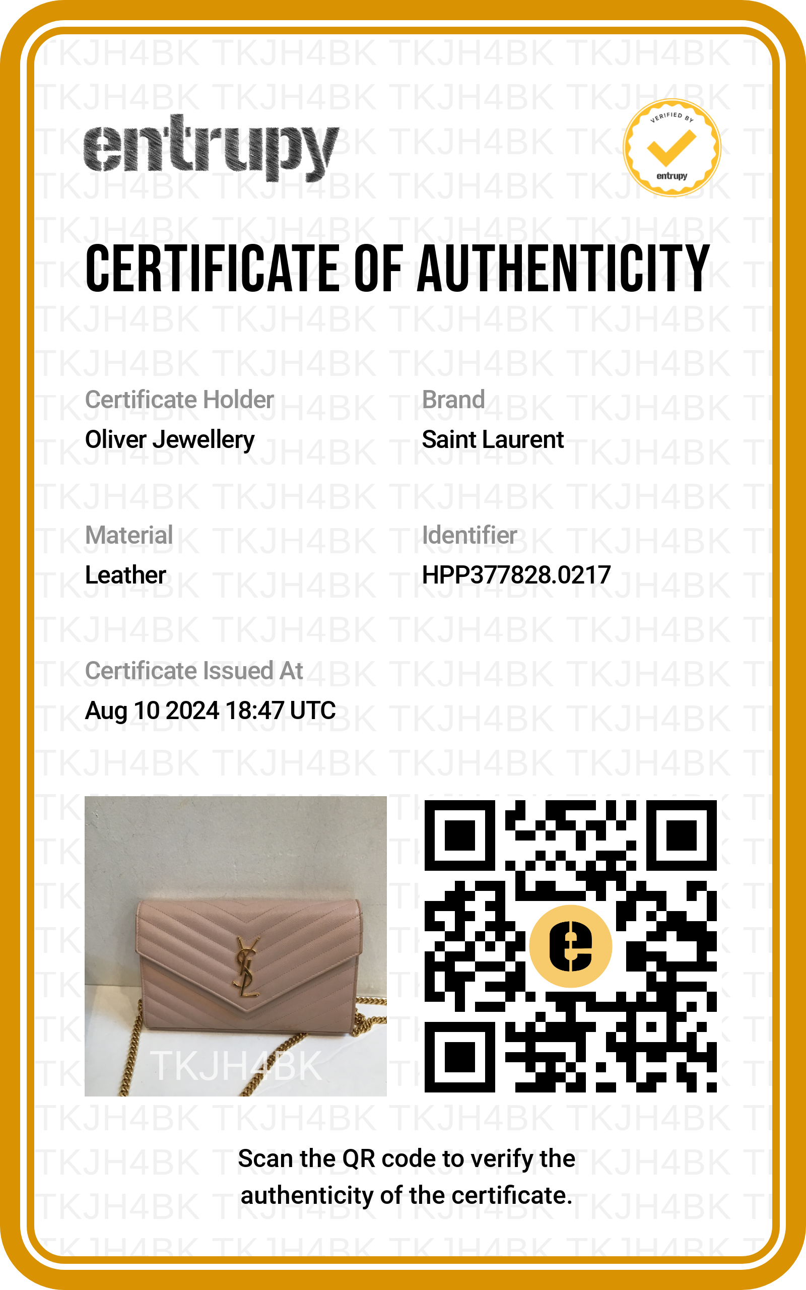 Saint Laurent Pink Grain De Poudre Leather Cassandre Matelasse Chain Wallet w/ Box