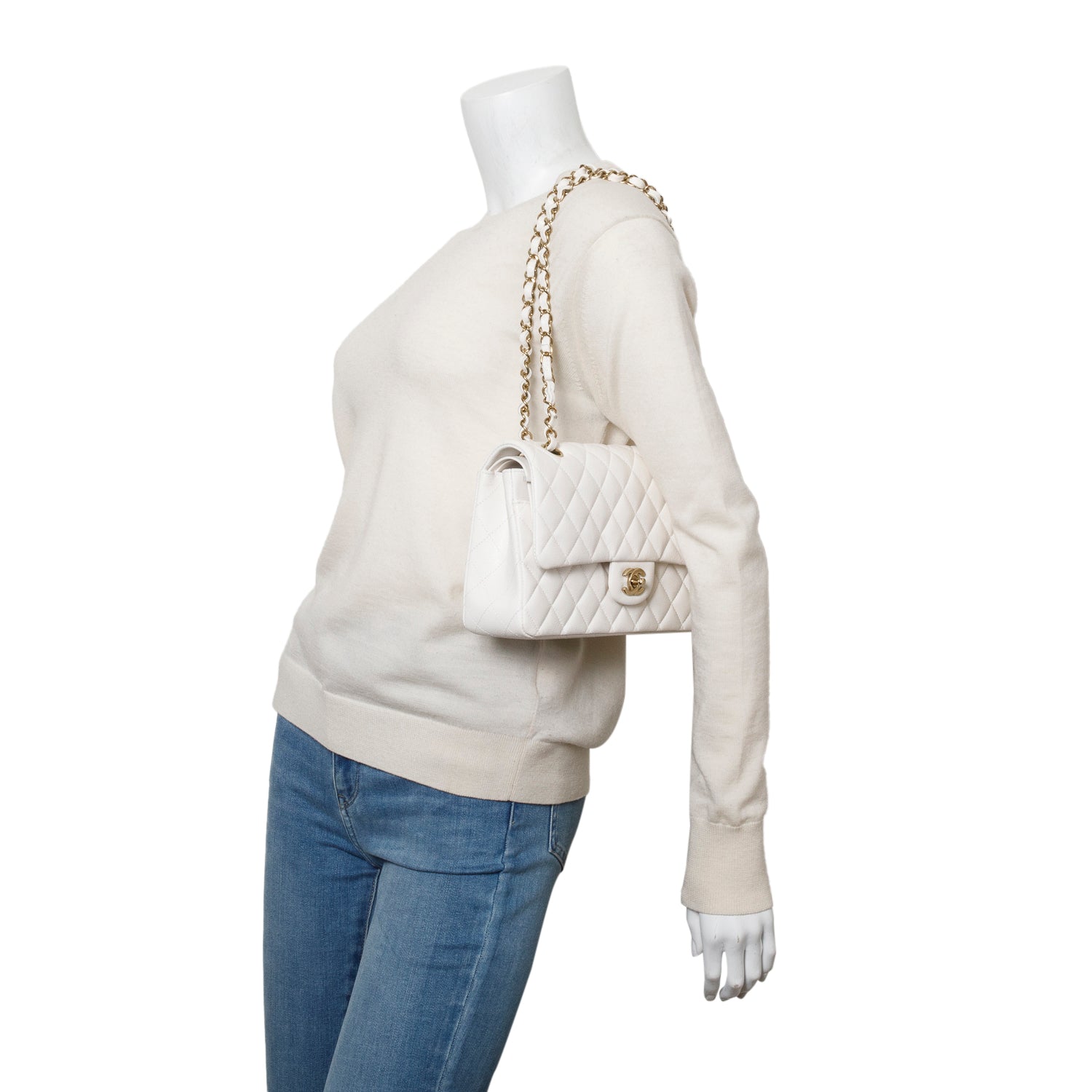 Chanel White Quilted Caviar Leather Classic Medium Double Flap Bag w/ Box