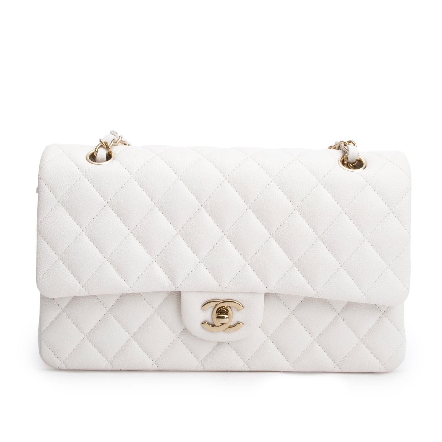 Chanel White Quilted Caviar Leather Classic Medium Double Flap Bag w/ Box