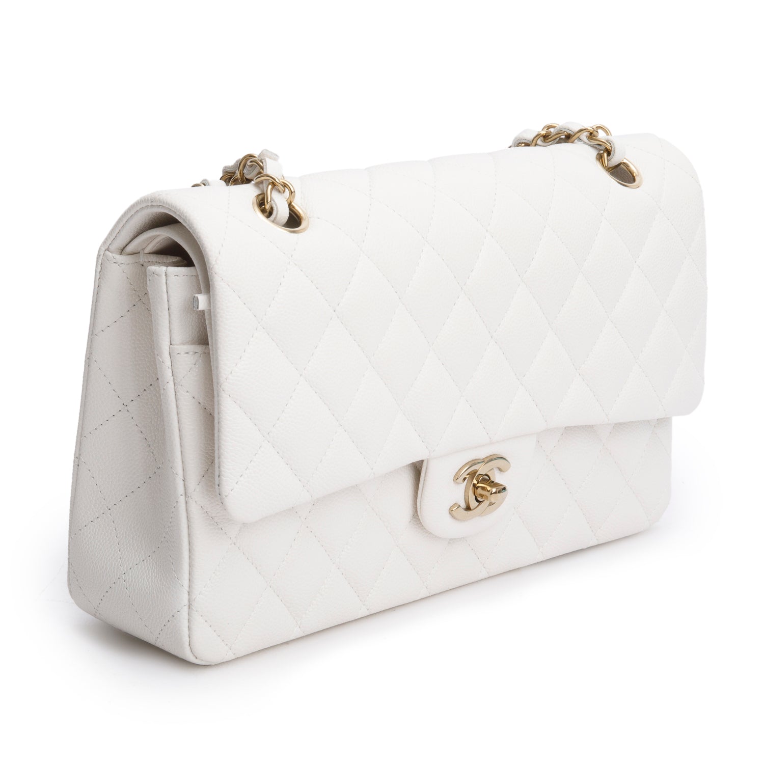 Chanel White Quilted Caviar Leather Classic Medium Double Flap Bag w/ Box