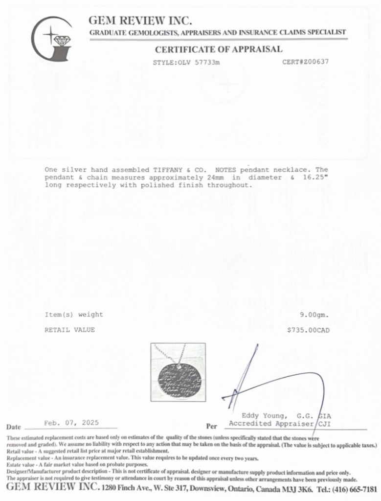 Tiffany & Co. Sterling Silver Small Notes Round Pendant Necklace