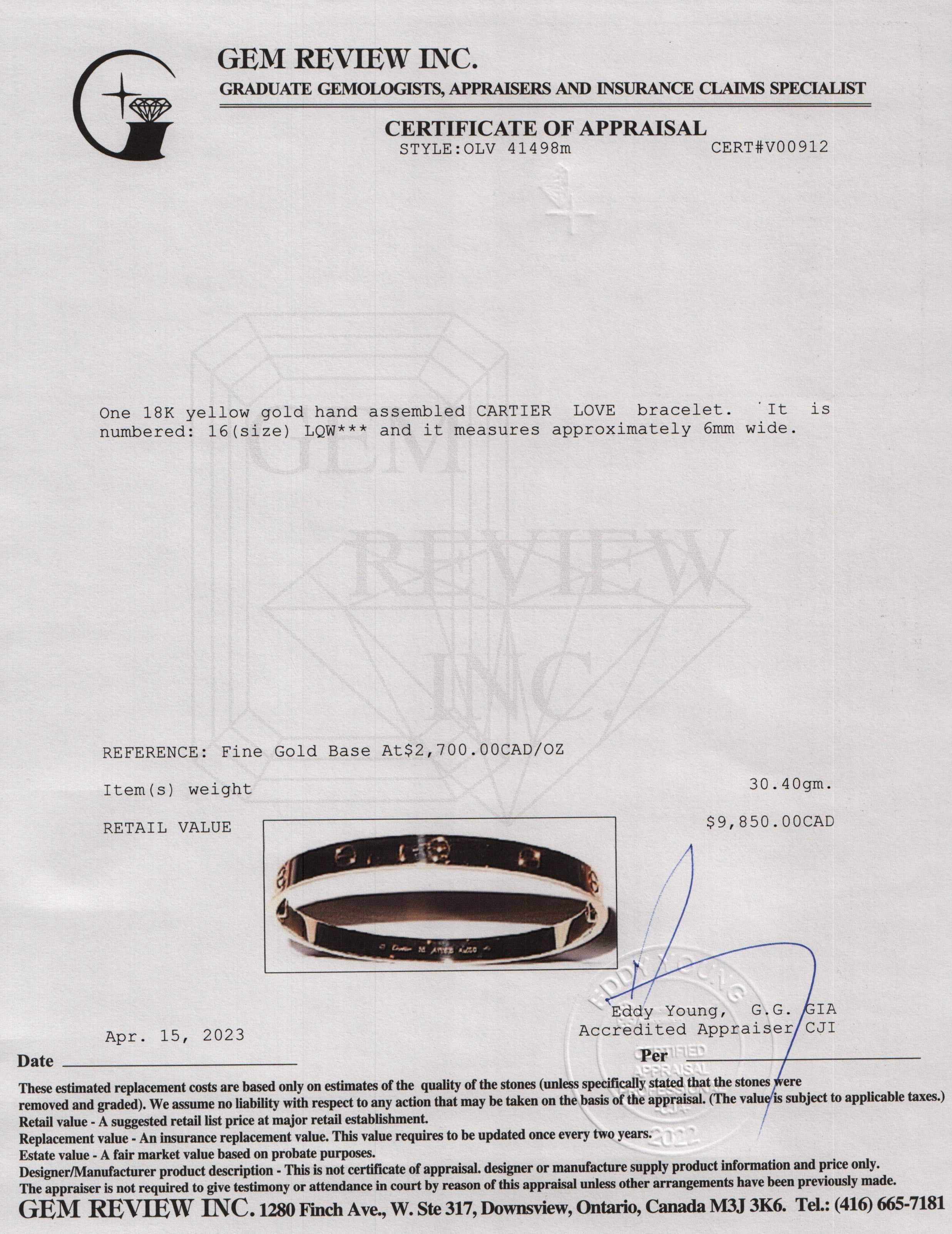 Cartier 18k Yellow Gold Love Bracelet w/ Box & Certificate