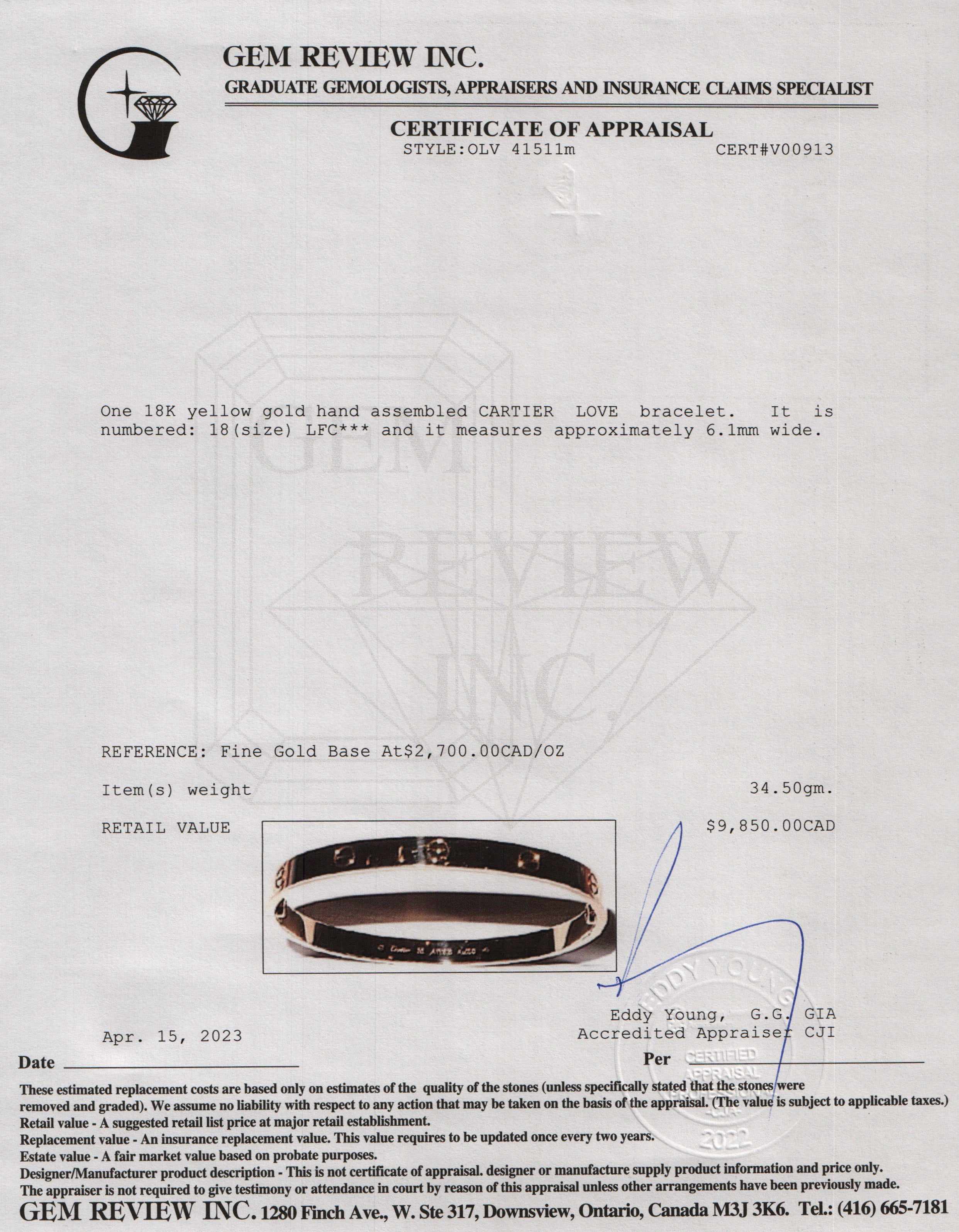 Cartier 18k Yellow Gold Love Bracelet