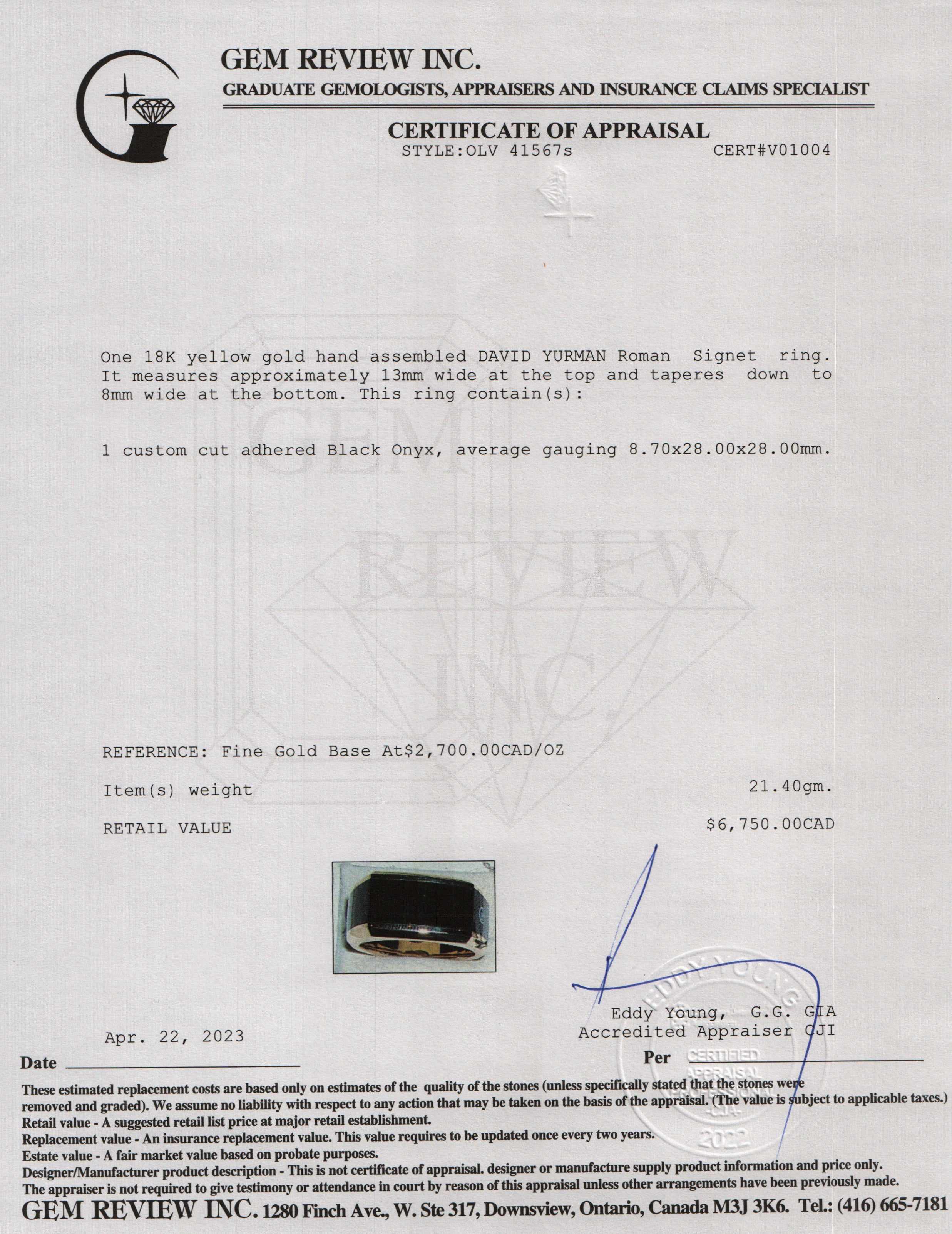 David Yurman 18k Yellow Gold & Black Onyx Roman Signet Ring w/ Box