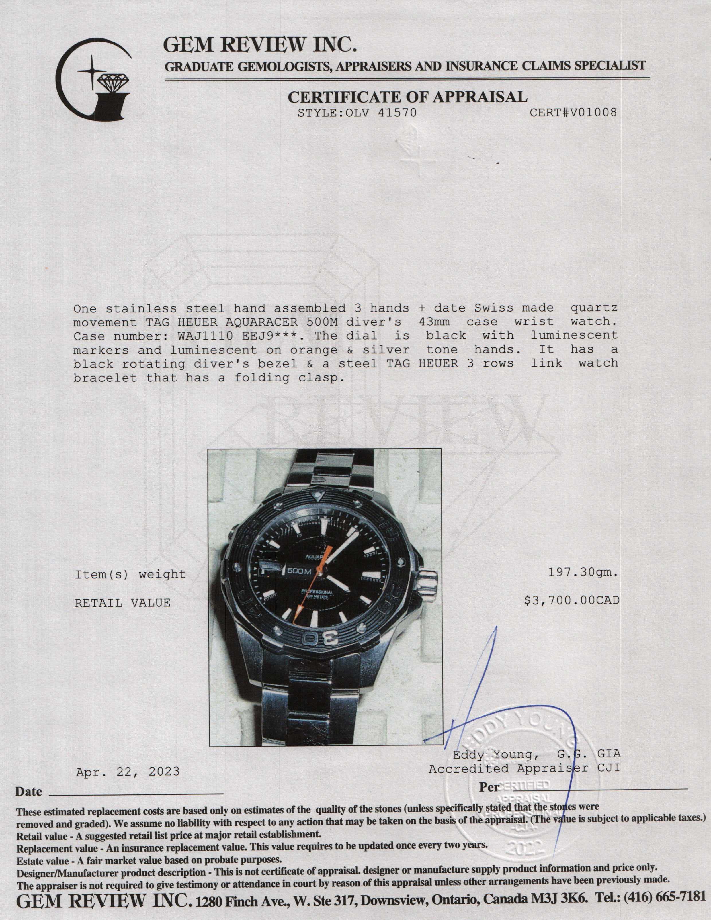 Tag Heuer Aquaracer 43 mm Watch w/ Box & Papers