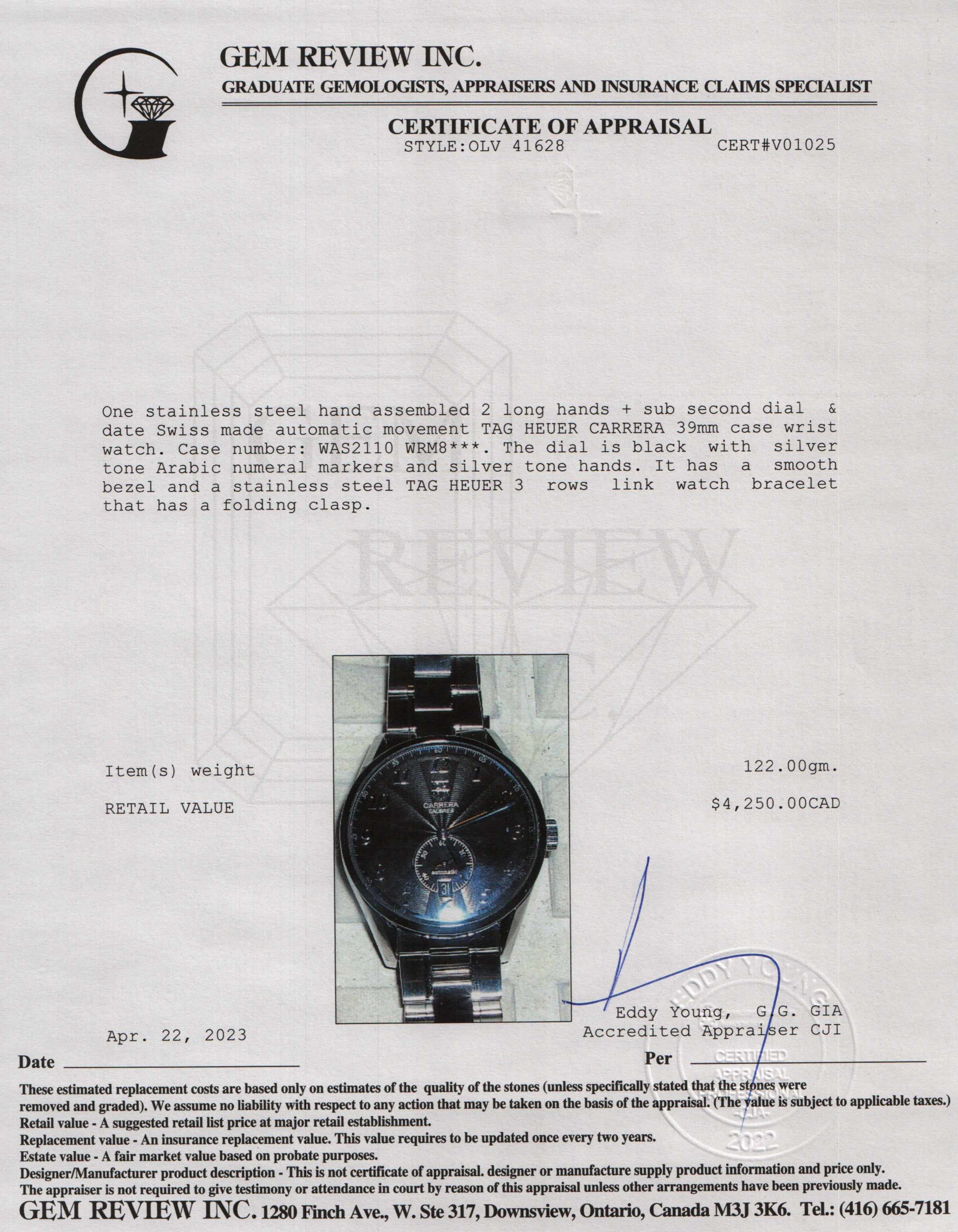 Tag Heuer Carrera Calibre 6 Automatic 39 mm Watch w/ Box & Papers