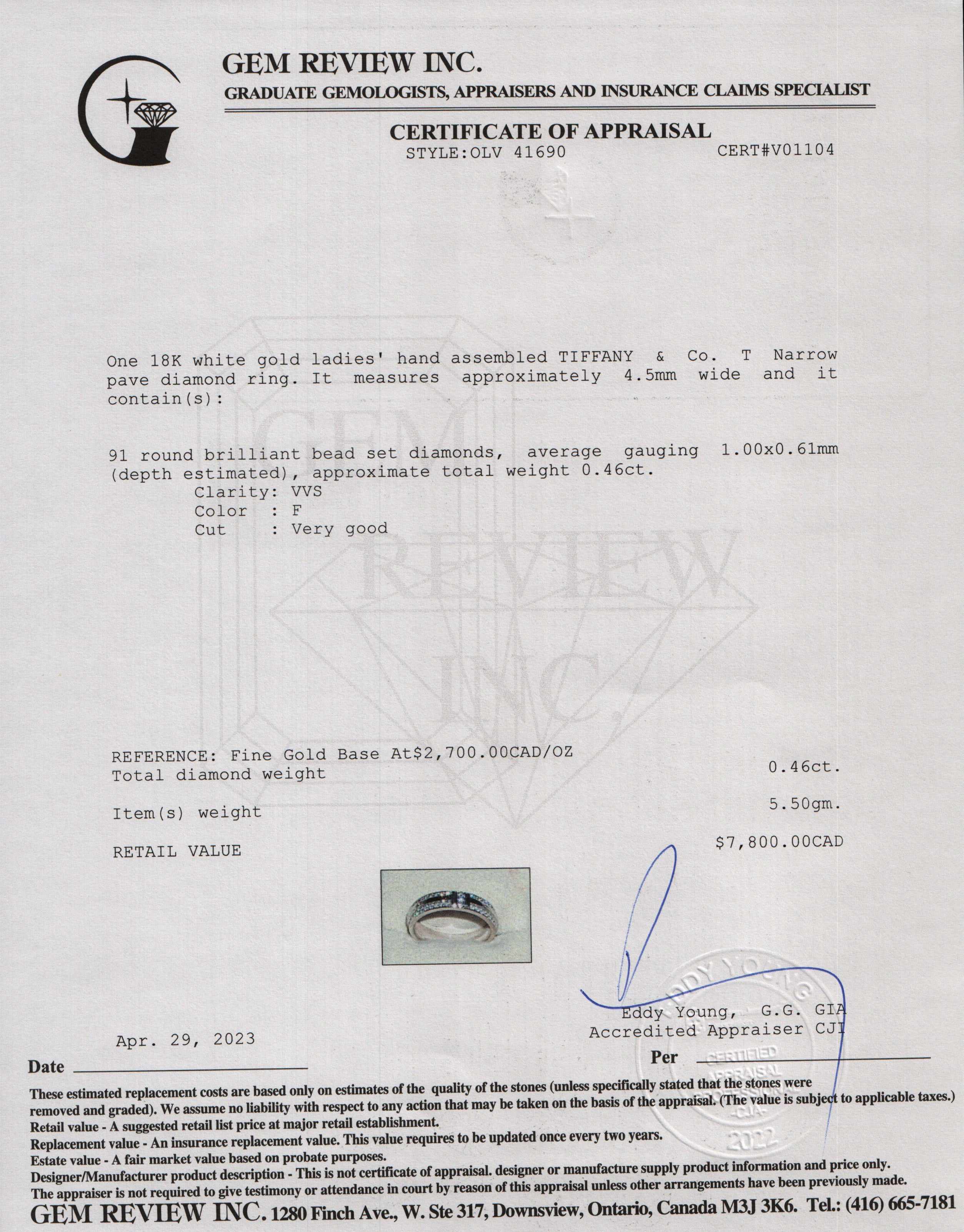 Tiffany & Co. 18k White Gold T Narrow Pave Diamond Ring w/ Box