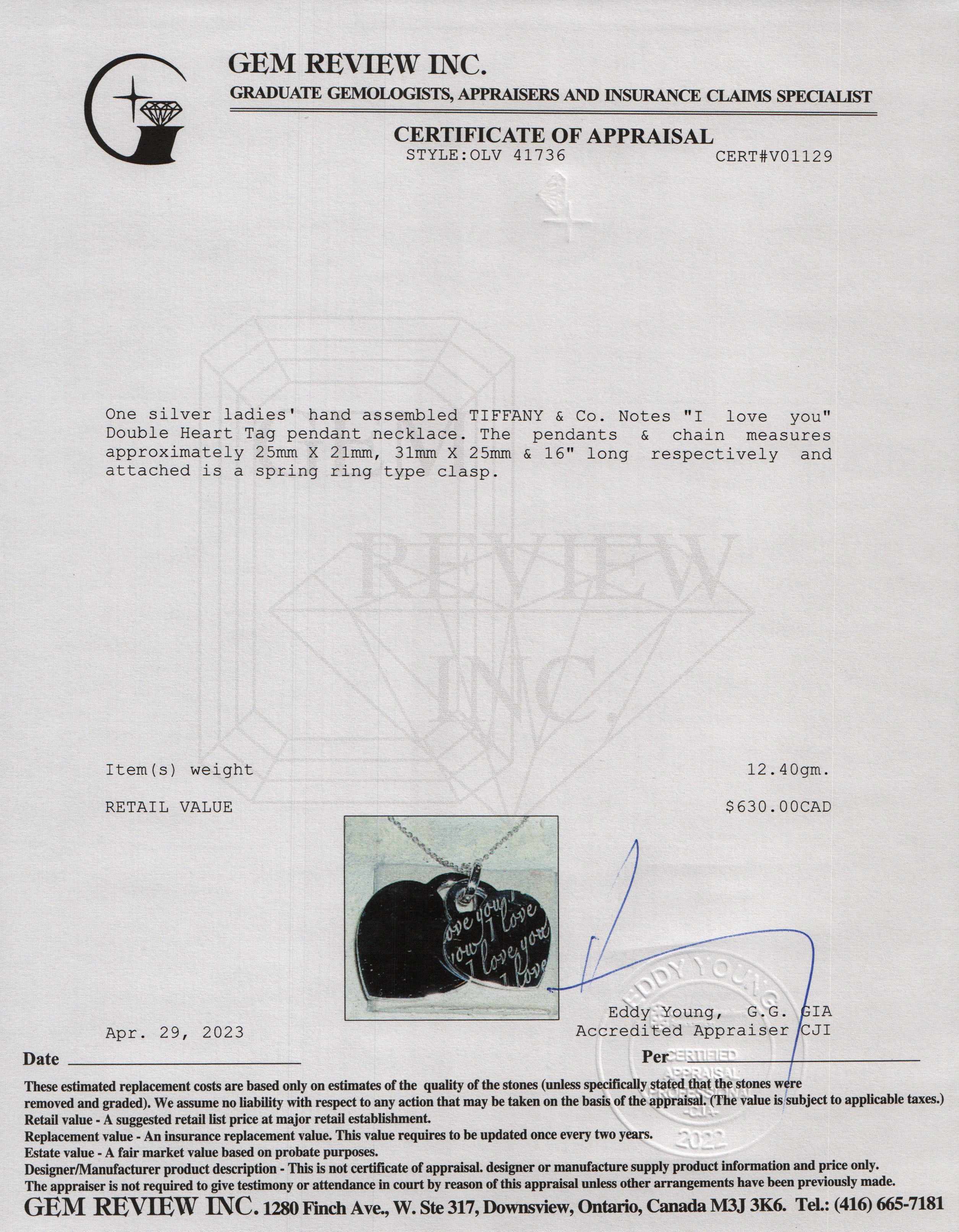 Tiffany & Co. Notes 'I Love You' Double Heart Tag Pendant Necklace