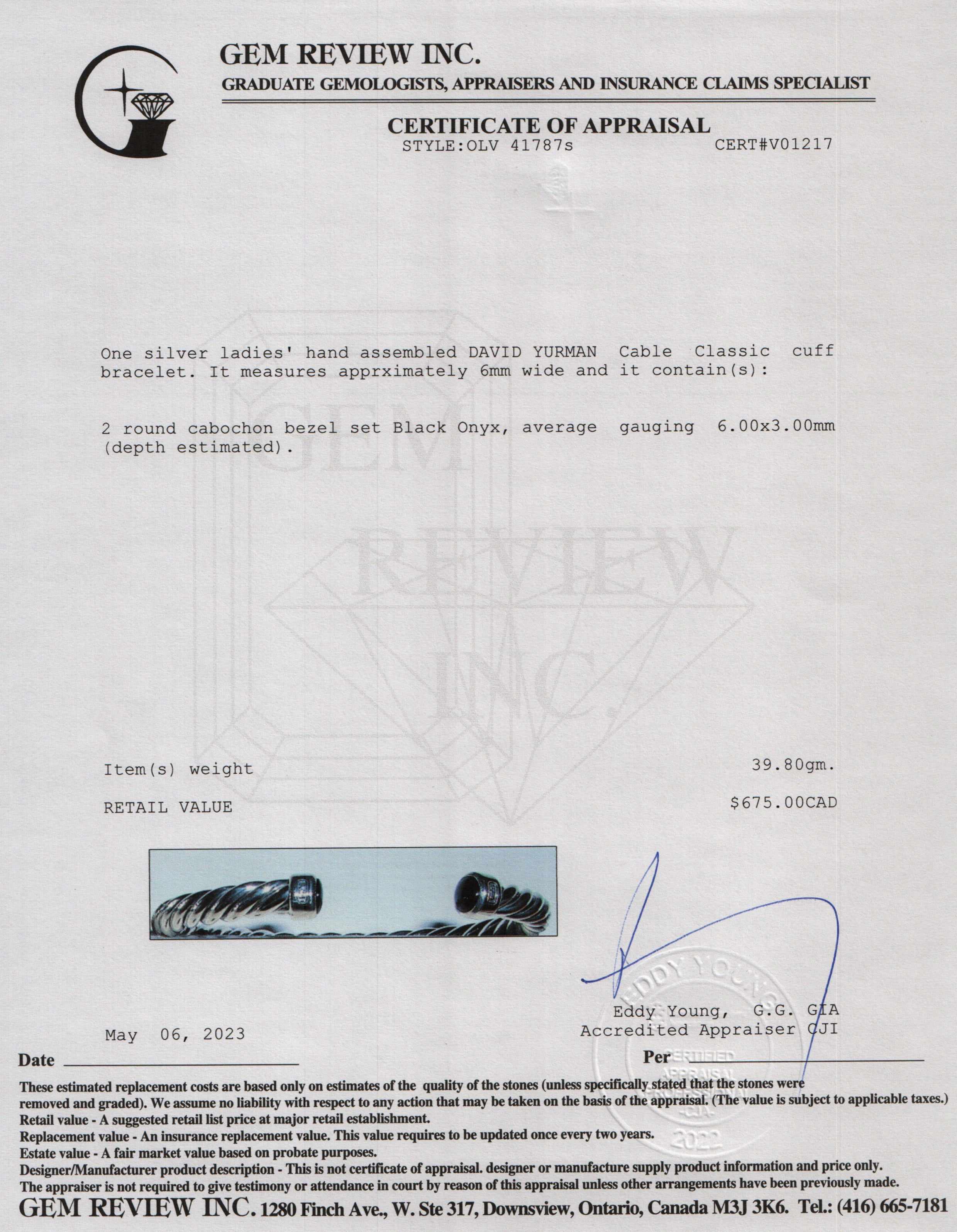 David Yurman Cable Classic Cuff Bracelet with Black Onyx