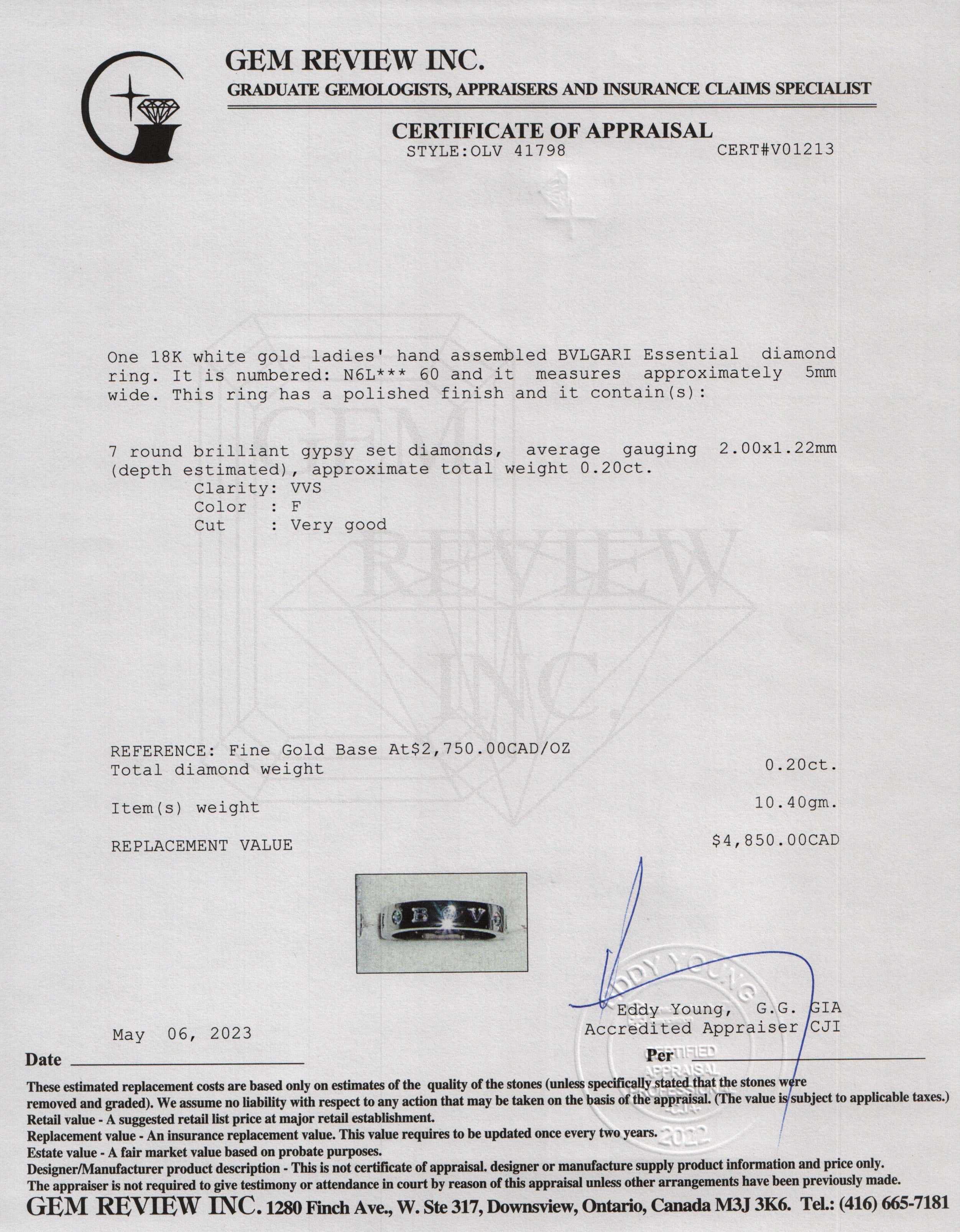 BVLGARI 18k White Gold Bvlgari Essential Diamond Band Ring w/ Box & Receipt