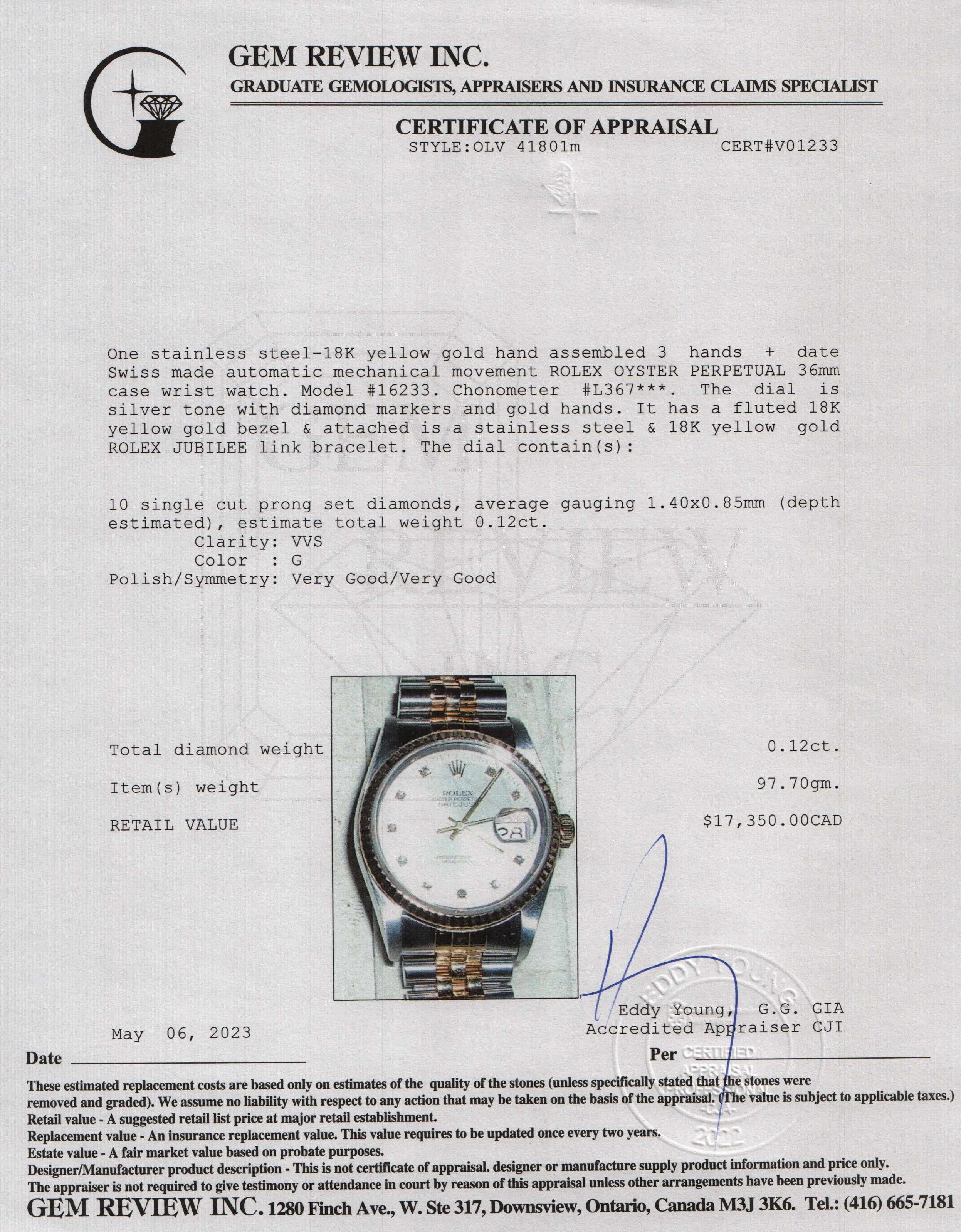 Rolex Two-Tone Diamond Dial Datejust 36 MM Watch