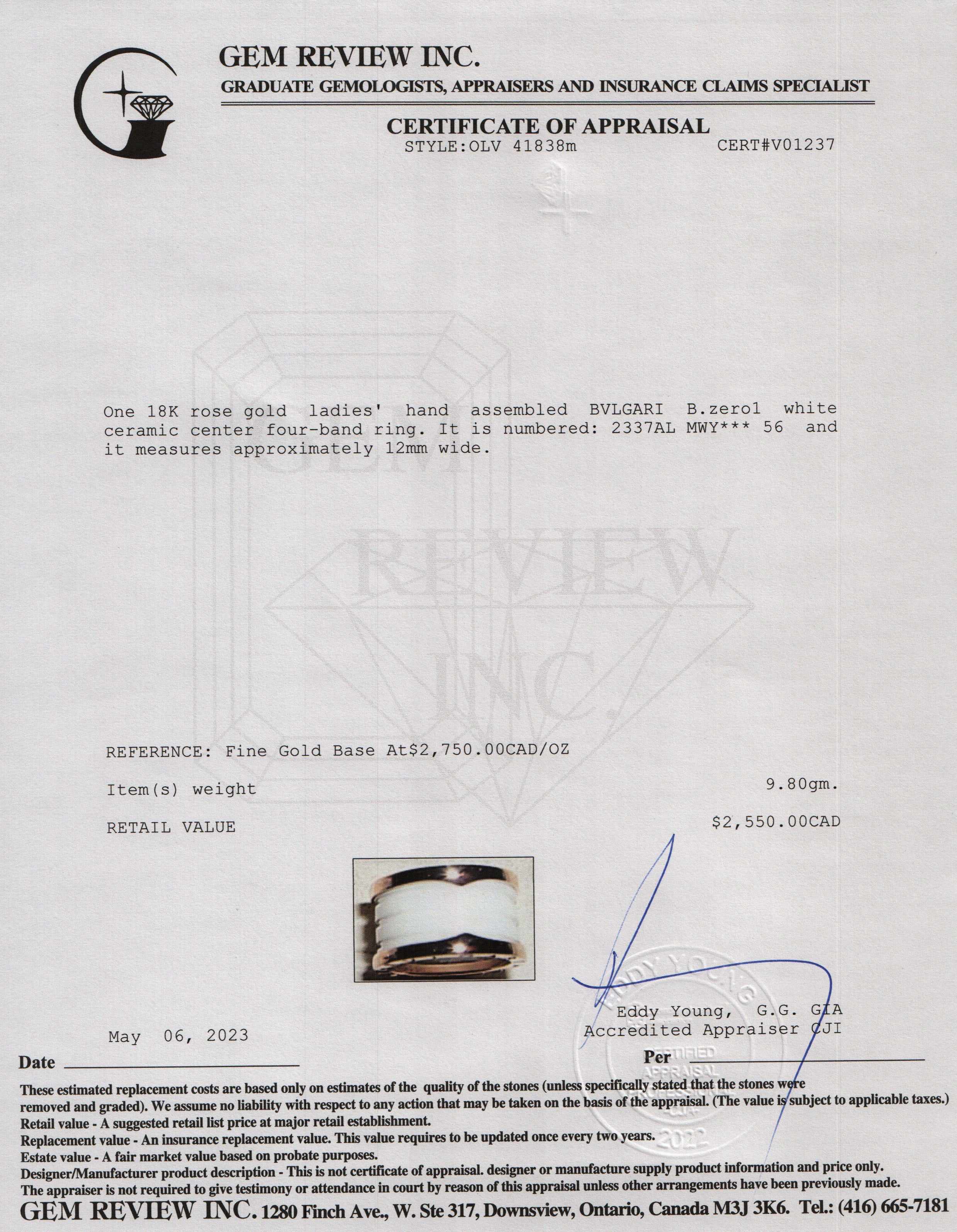 BVLGARI 18k Rose Gold & White Ceramic B.Zero1 Four-Band Ring