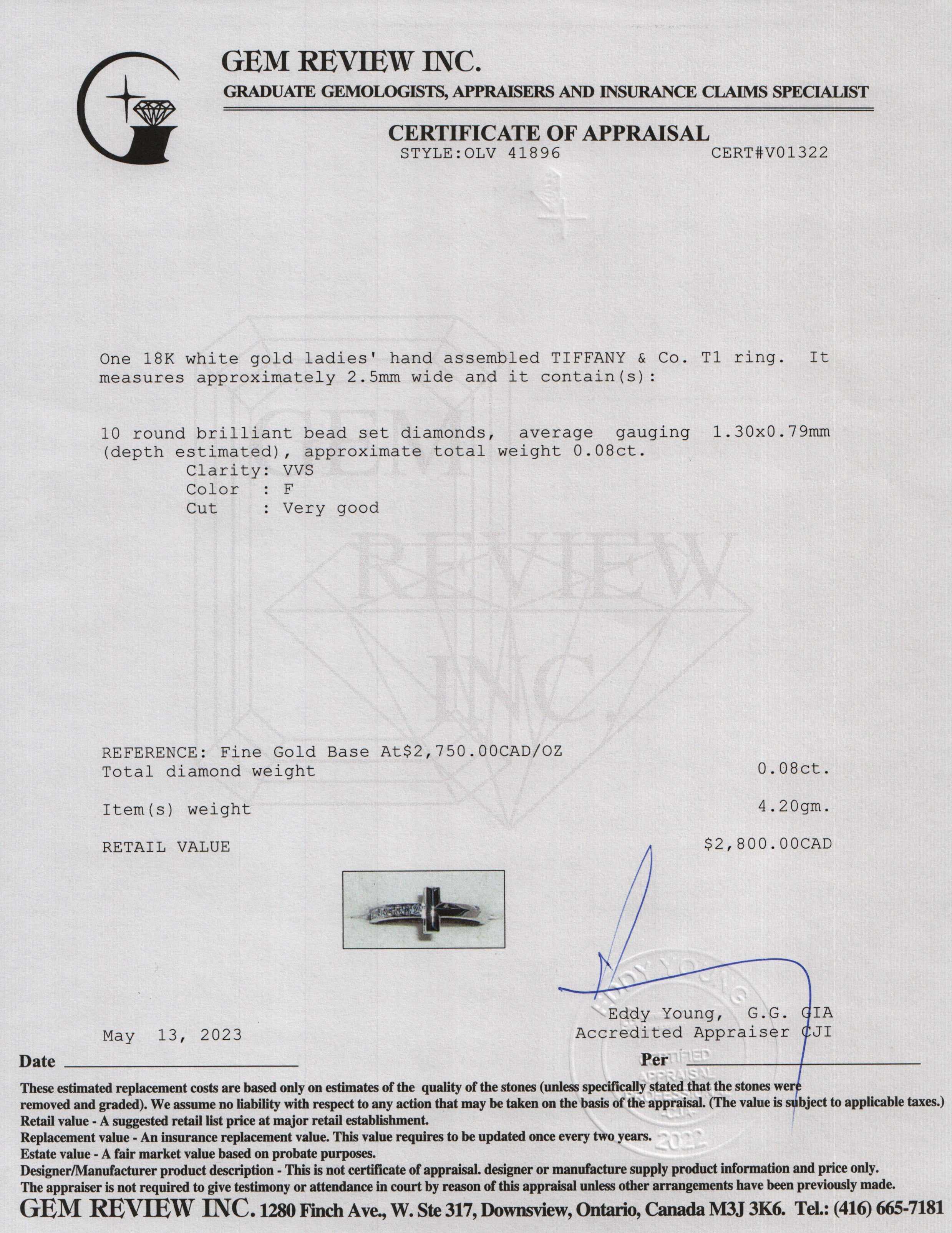 Tiffany & Co. 18k White Gold T1 Diamond Ring