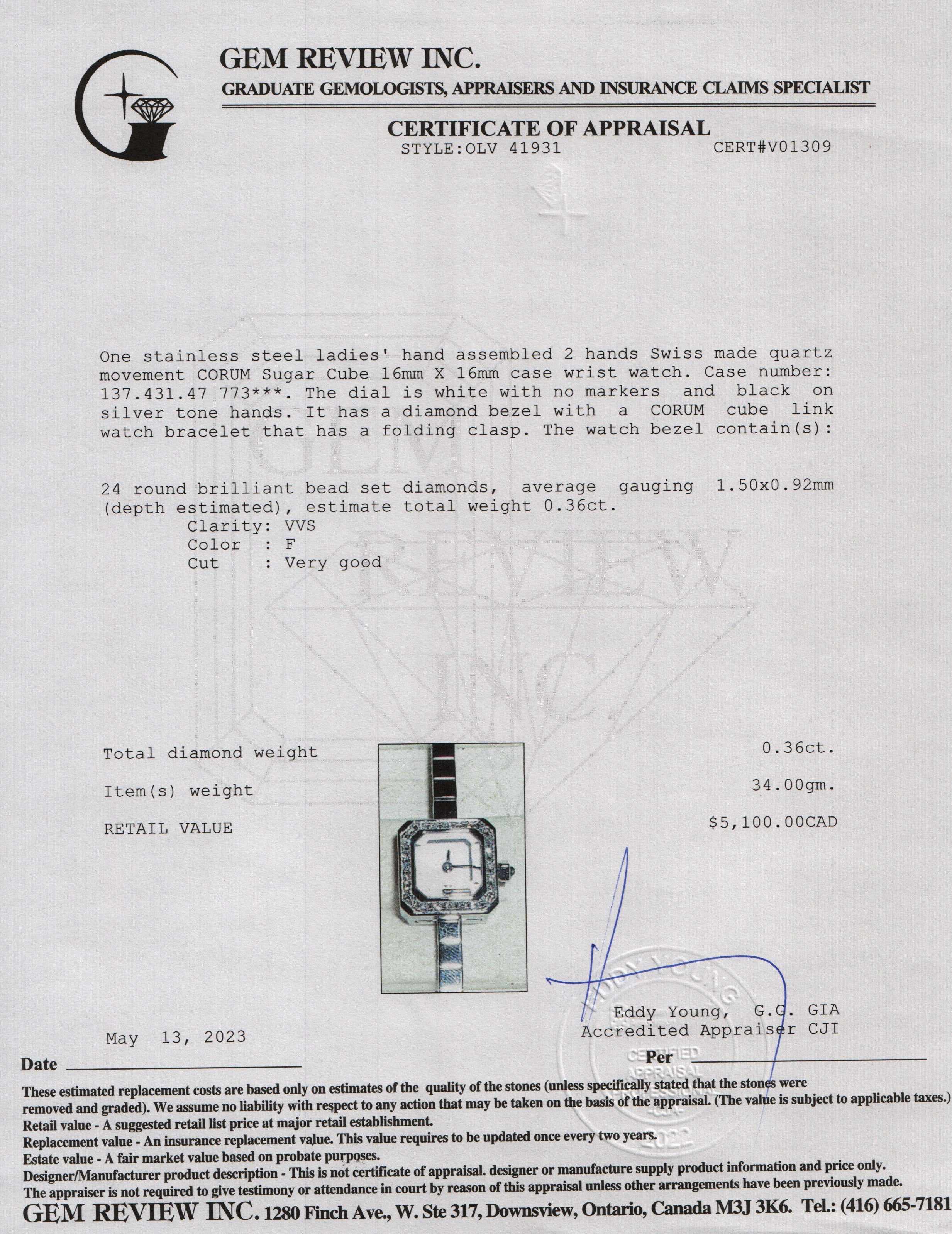 Corum Sugar Cube Diamond Bezel Quartz Watch