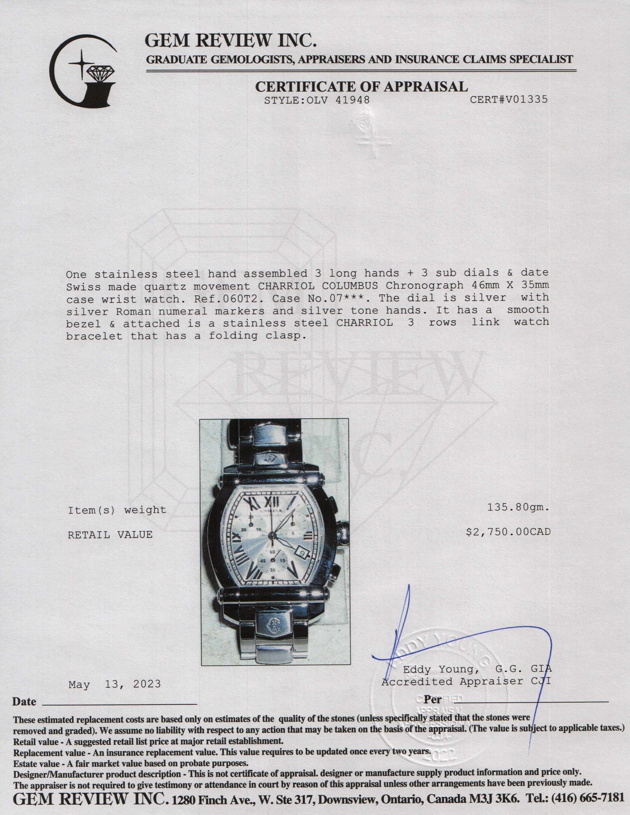 Charriol Columbus Chronograph Watch w/ Box & Papers