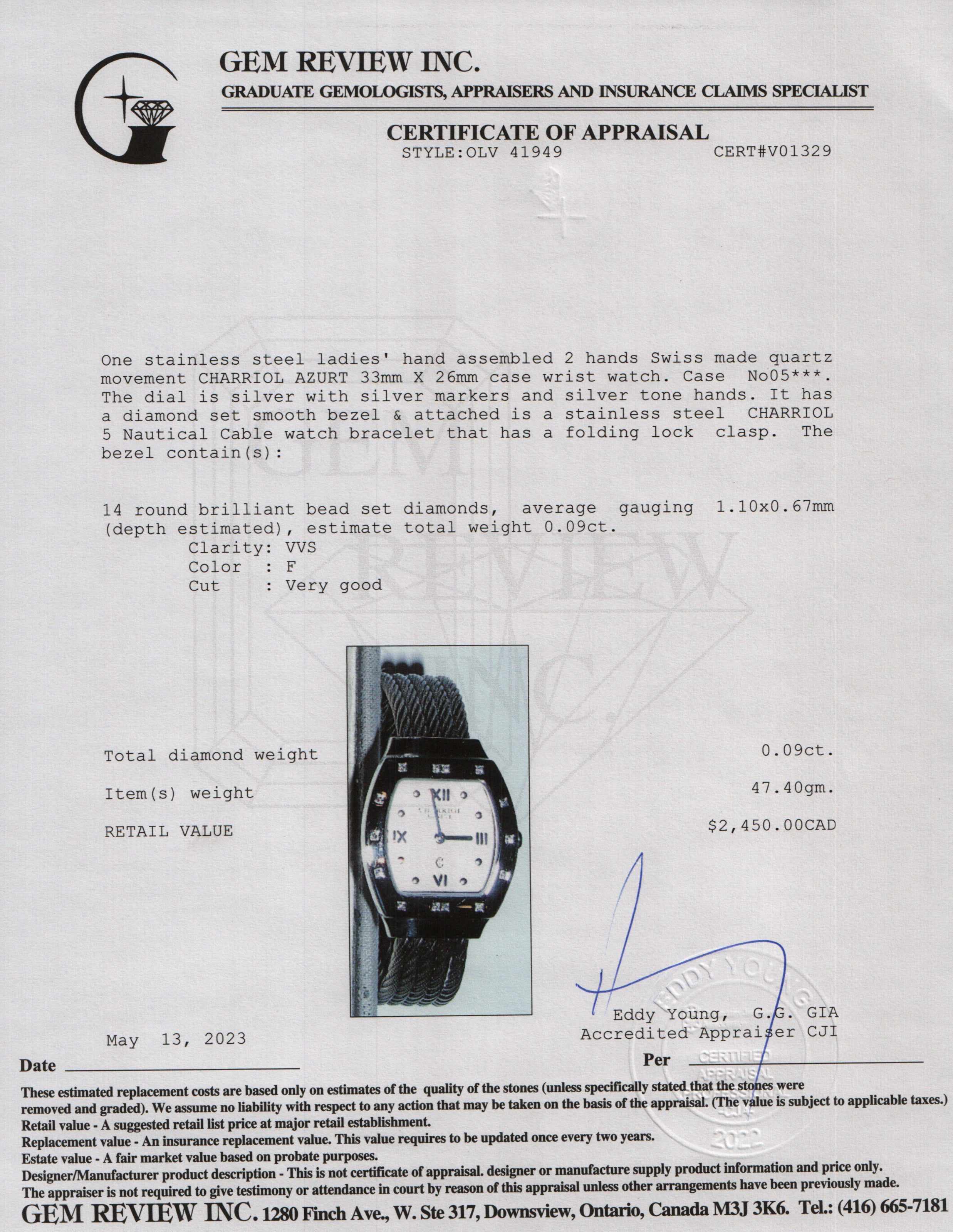 Charriol Azurt Diamond Bezel Quartz Watch w/ Box & Papers