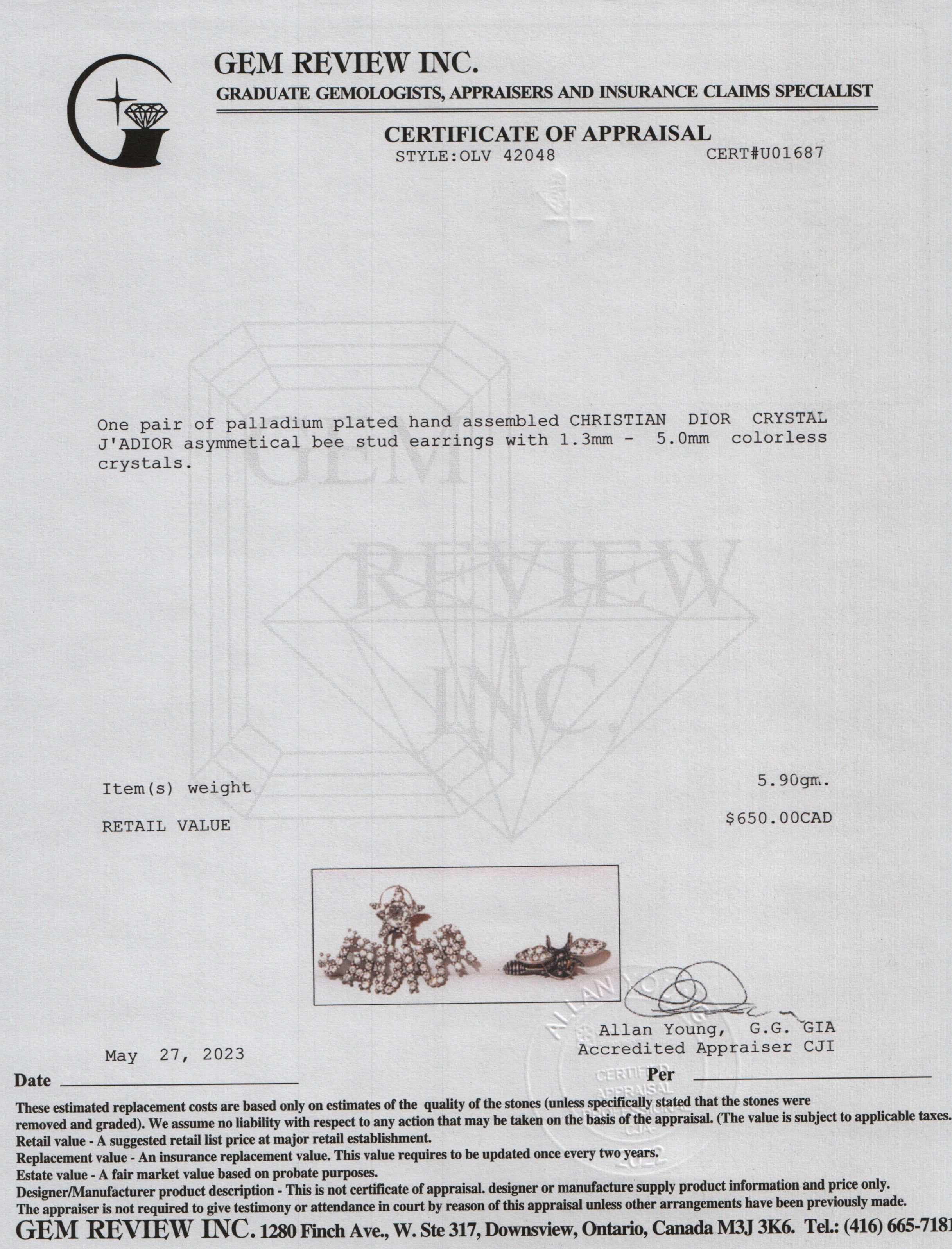 Christian Dior Crystal J'Adior Asymmetrical Bee Earrings w/ Box