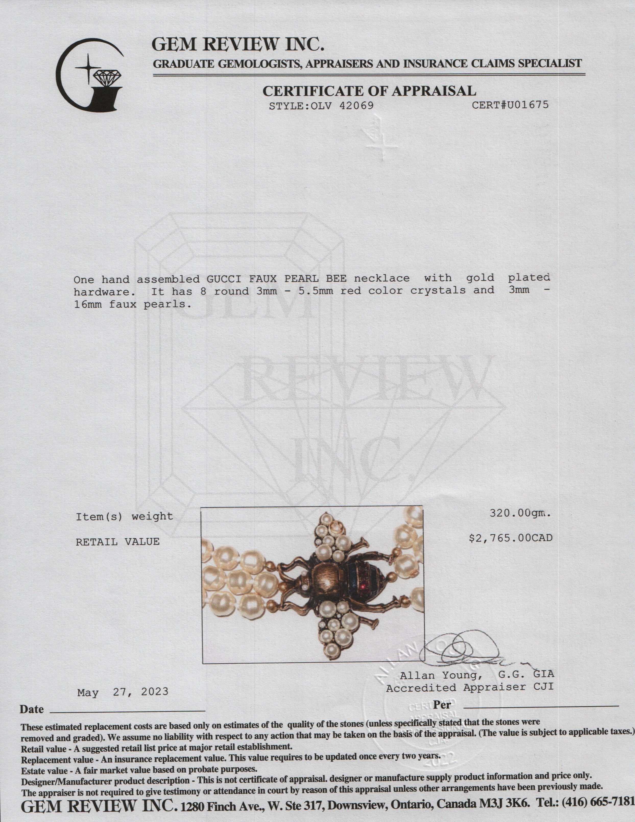 Gucci Glass Pearl Bee Necklace w/ Box