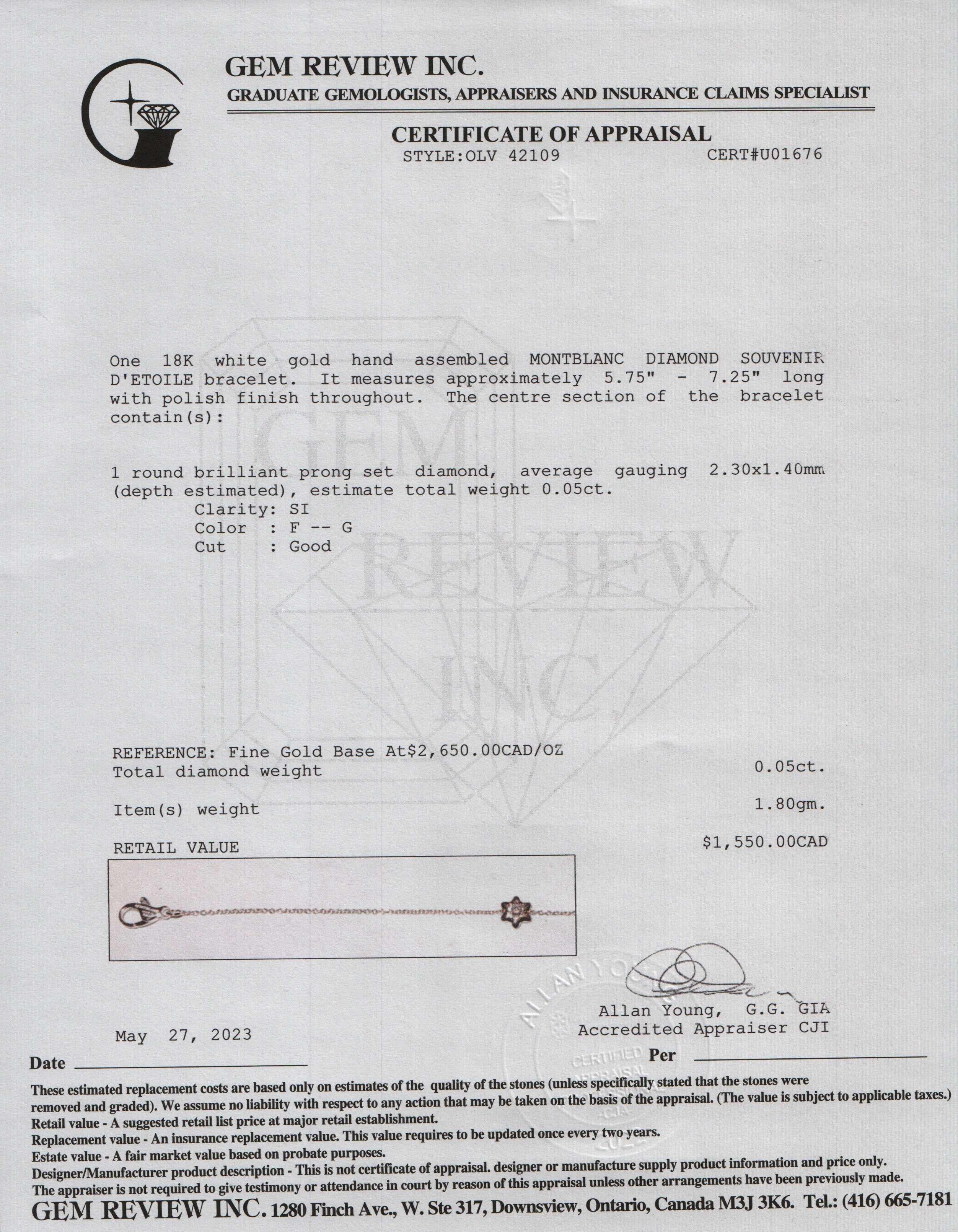 Montblanc 18k White Gold Diamond Souvenir d'Etoile Bracelet w/ Box & Certificate