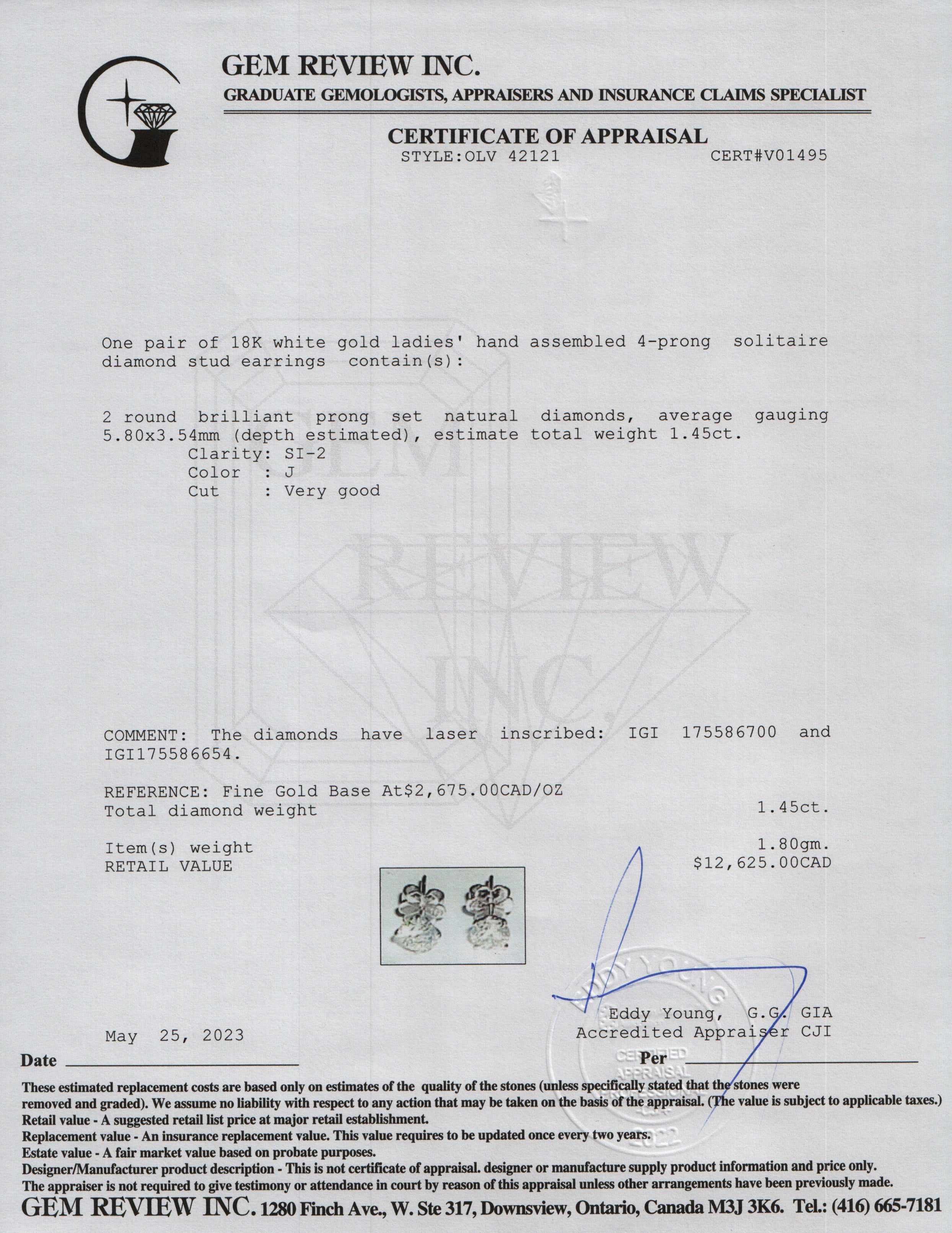 18k White Gold 1.45 tcw. Diamond Stud Earrings