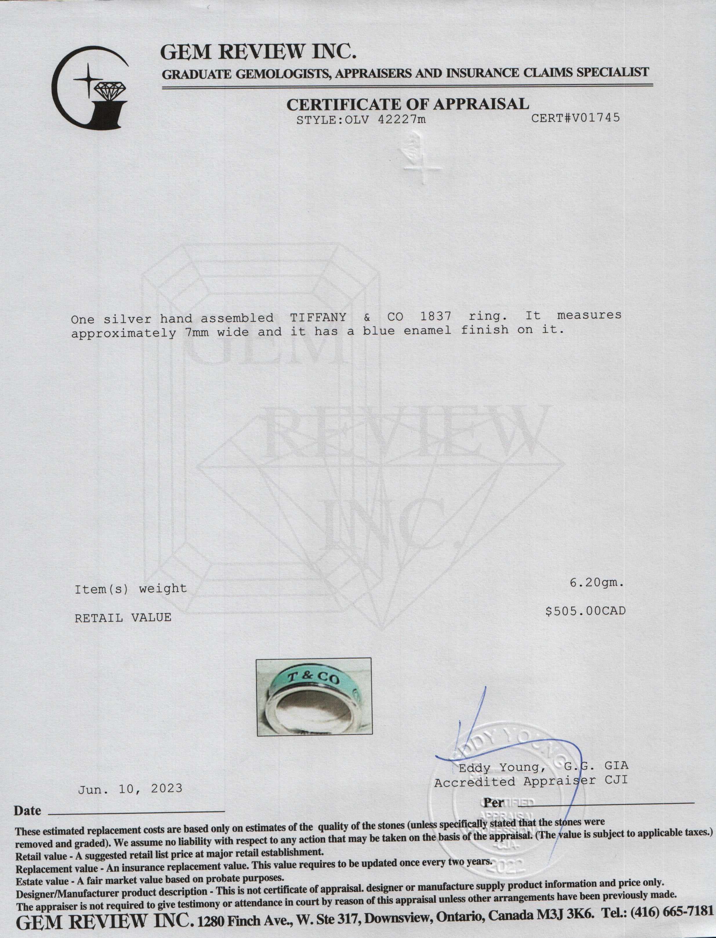 Tiffany & Co. Sterling Silver 1837 Blue Enamel Ring