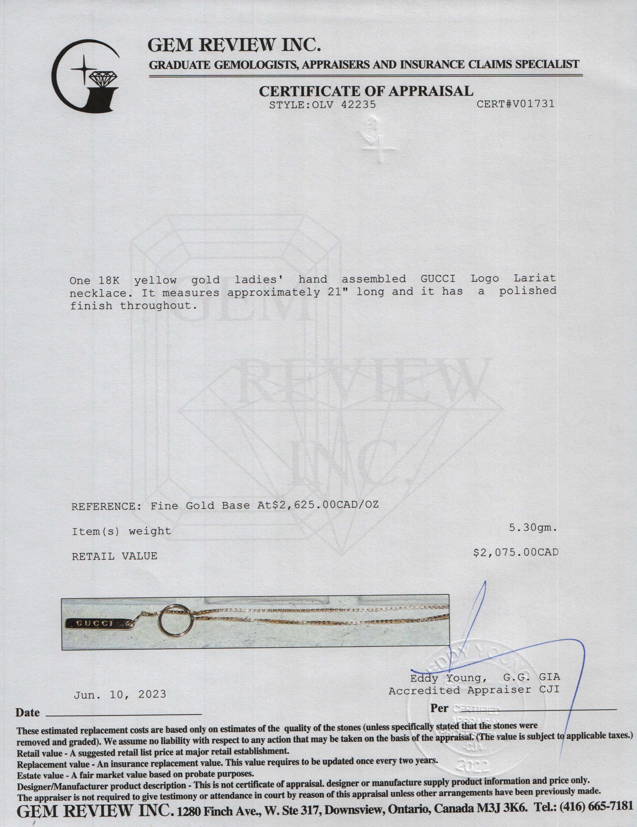 Gucci 18k Yellow Gold Logo Lariat Necklace