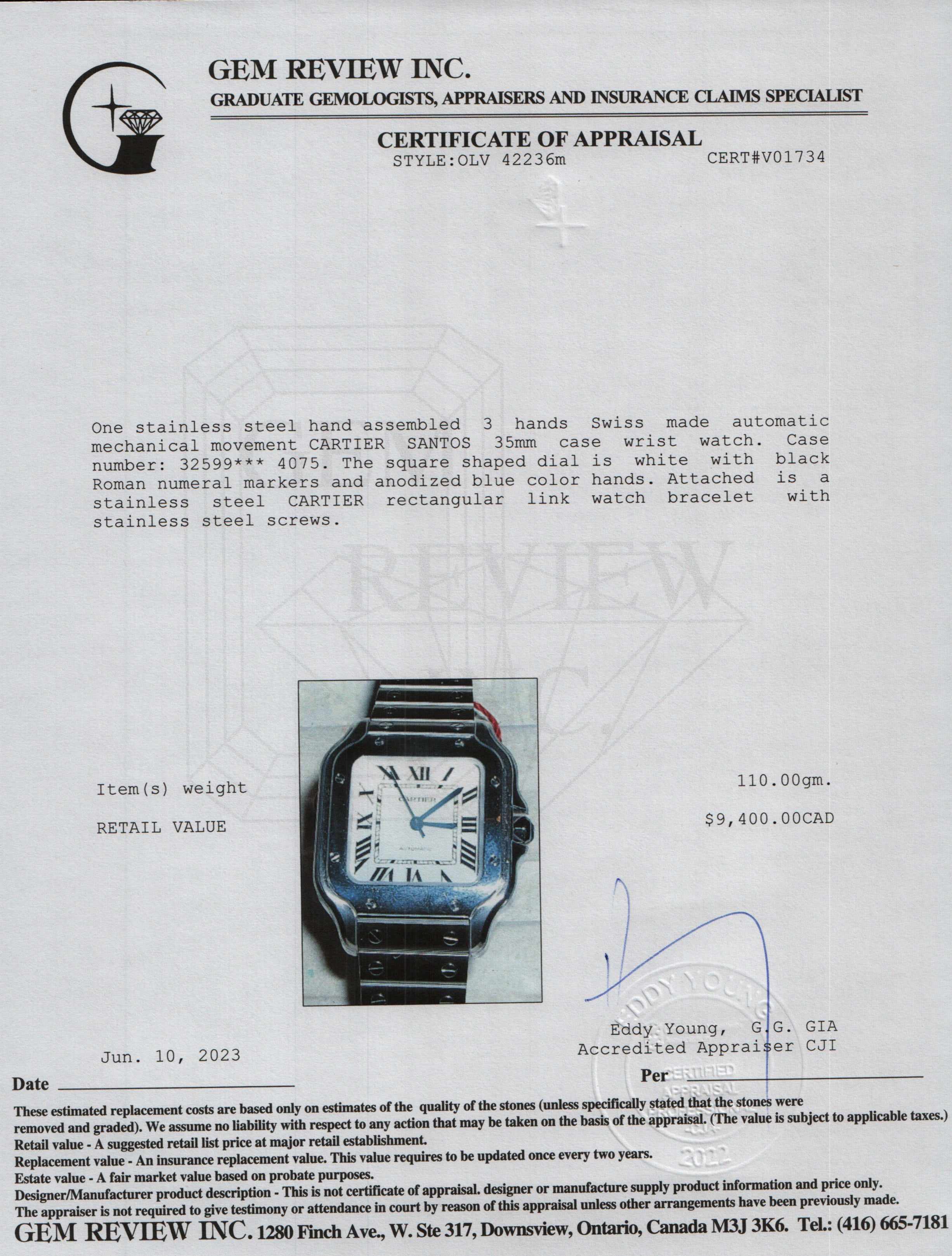 Cartier Santos de Cartier Automatic Watch, Medium Model w/ Box & Papers