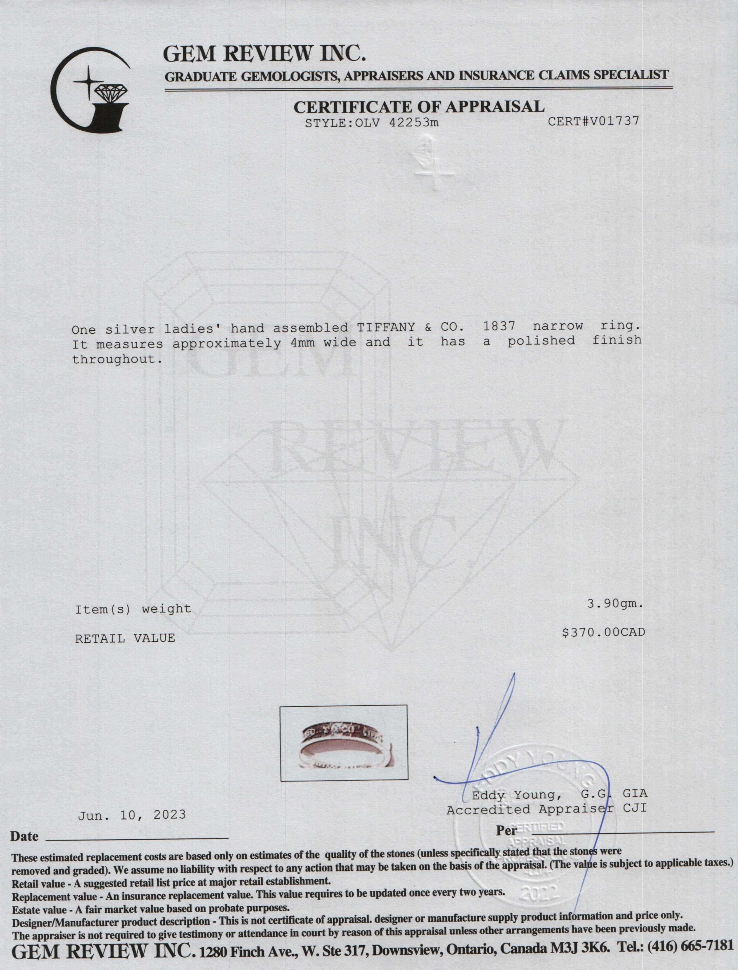 Tiffany & Co. Sterling Silver 1837 Narrow Ring