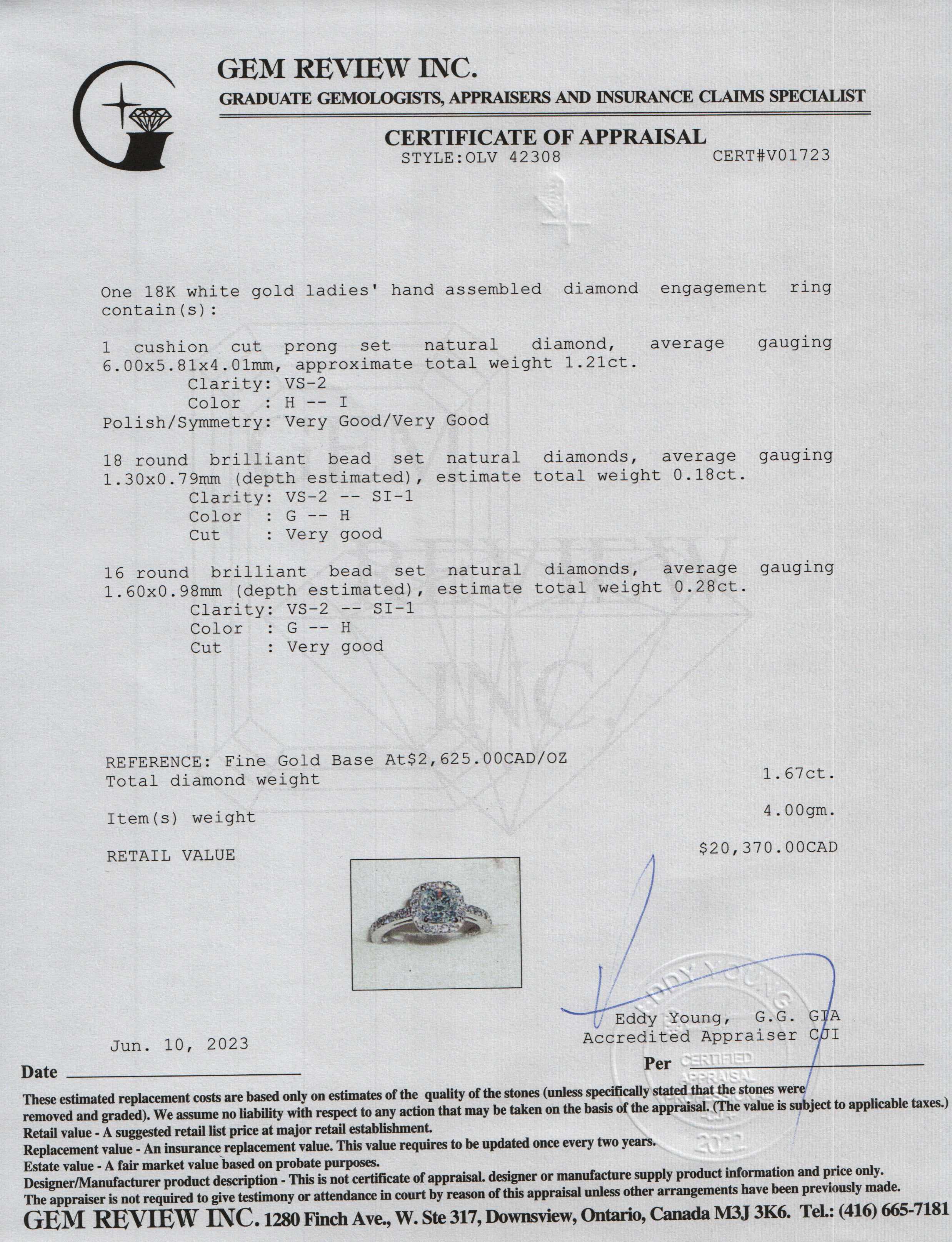 18k White Gold 1.21 ct. Cushions Cut Diamond Engagement Ring