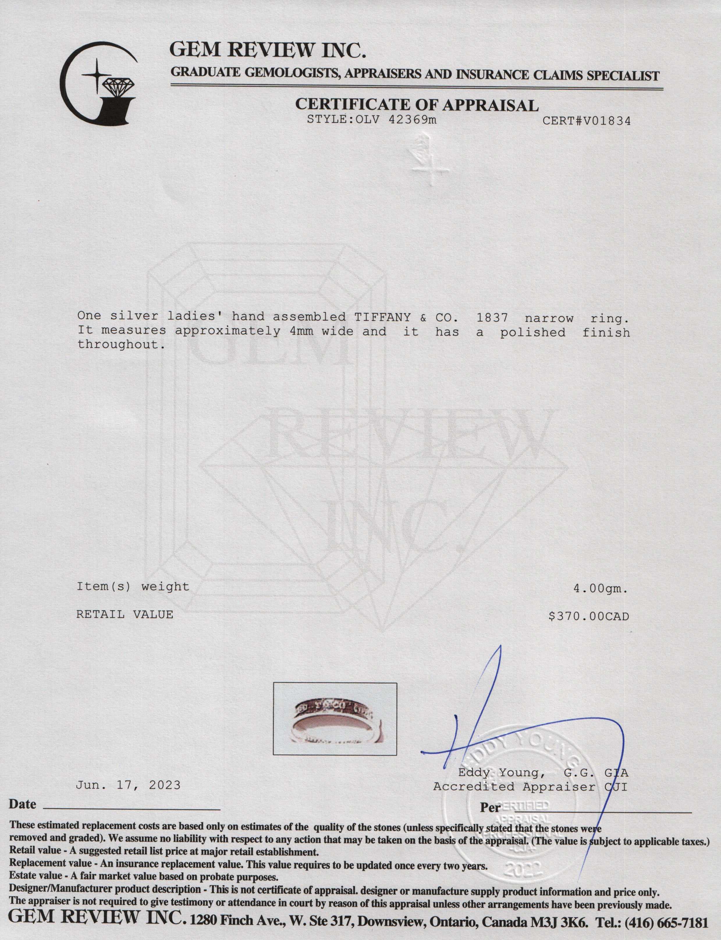 Tiffany & Co. Sterling Silver 1837 Narrow Ring