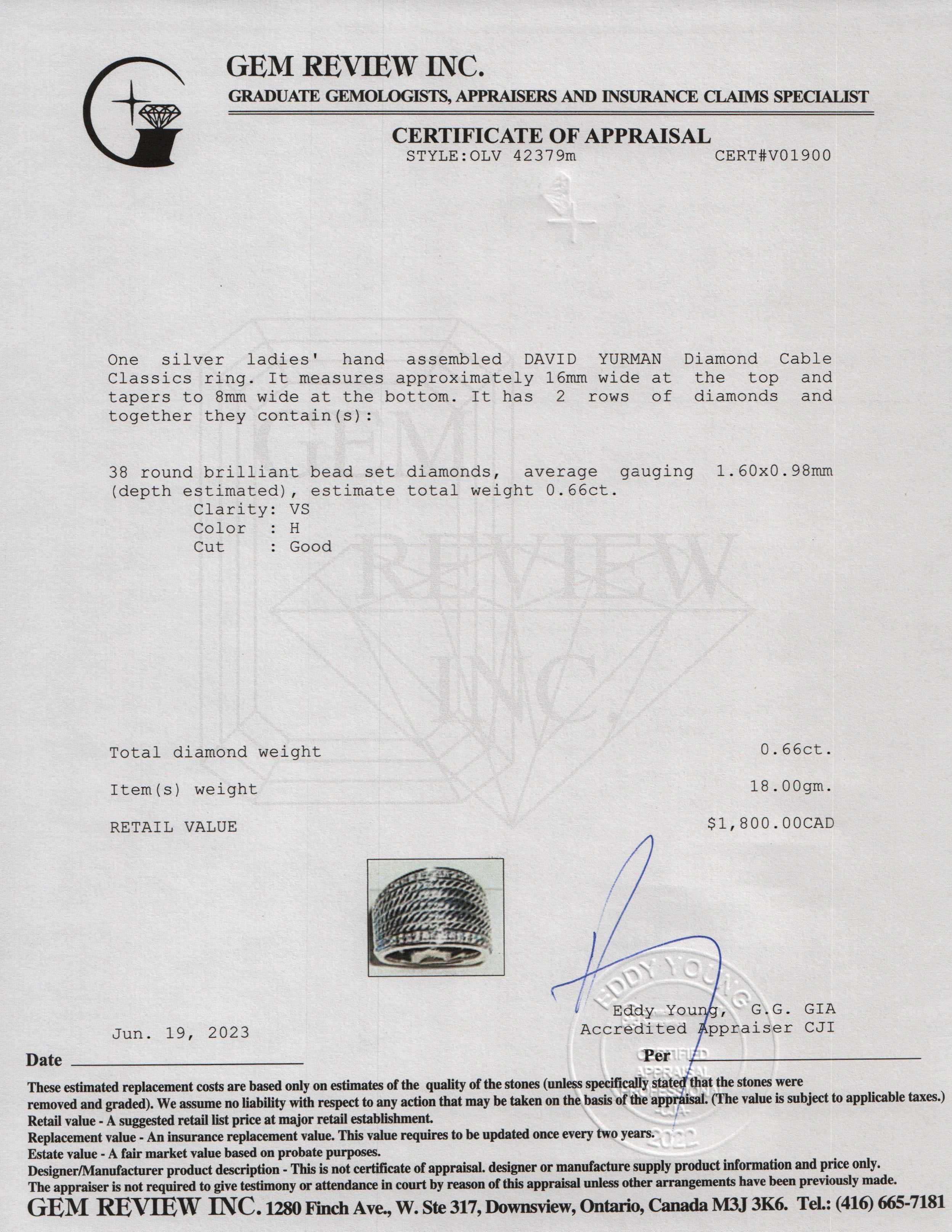 David Yurman Sterling Silver Diamond Cable Cigar Wide Band Ring