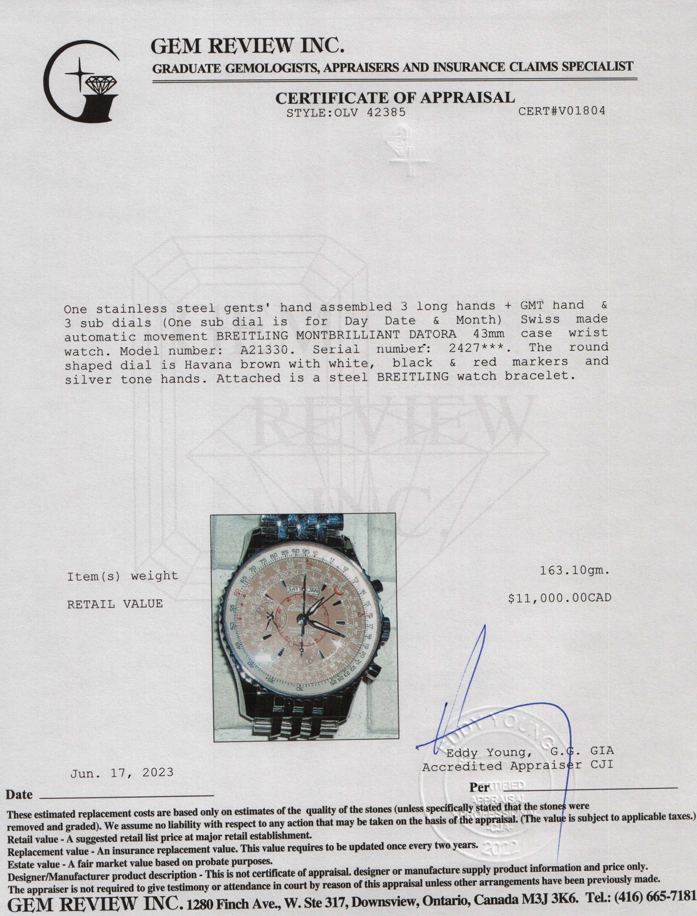 Breitling Montbrillant Datora 43MM Automatic Chronograph Watch w/ Box & Papers