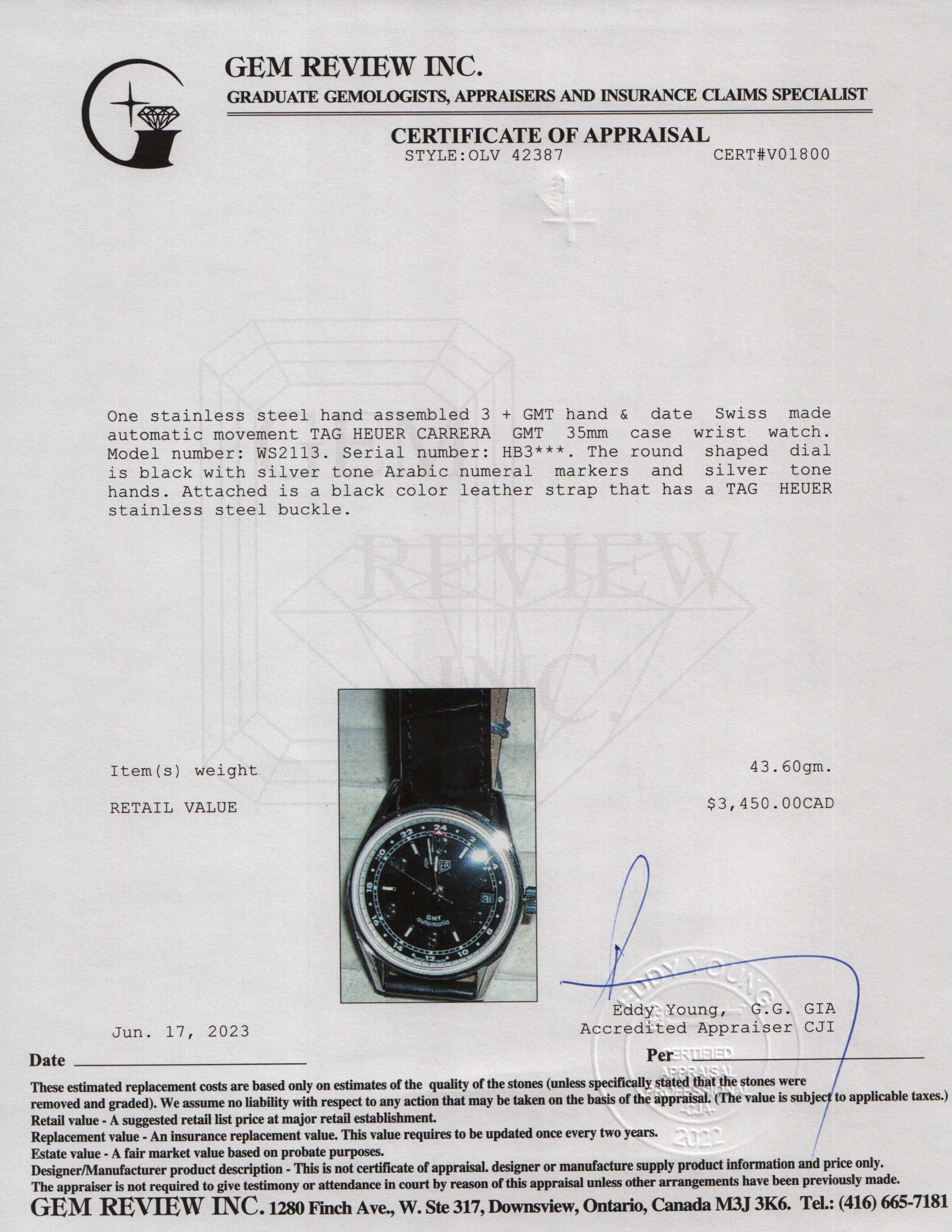 Tag Heuer Re-Editon Carrera GMT Automatic 35MM Watch w/ Box & Papers