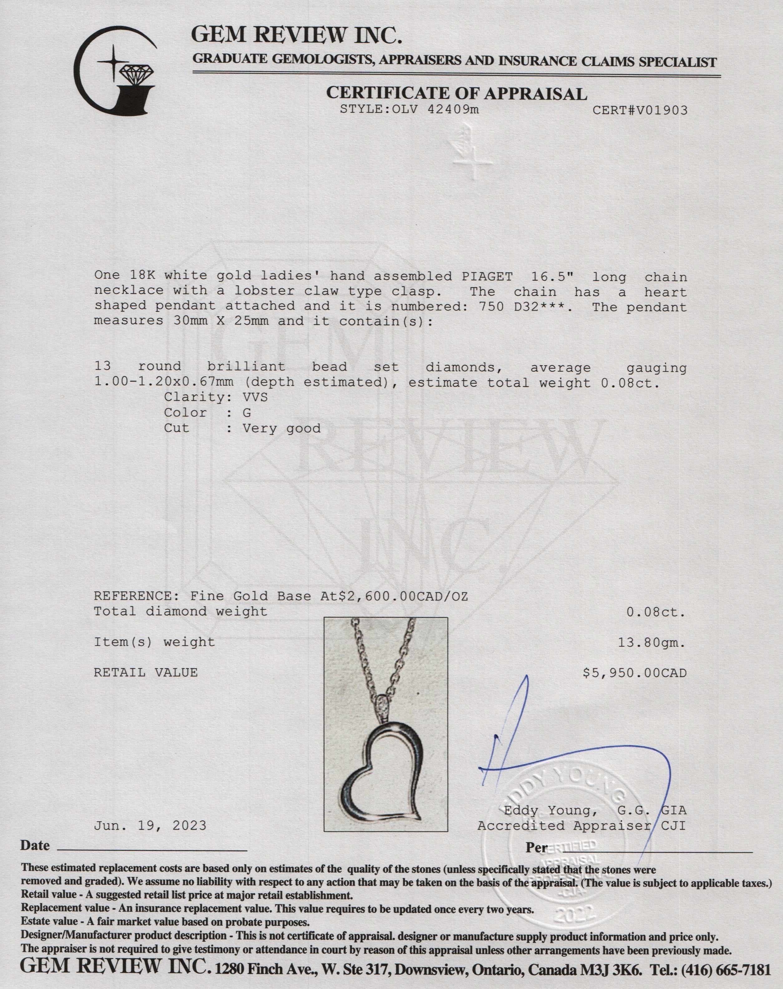 Piaget 18k White Gold Diamond Heart Pendant Necklace