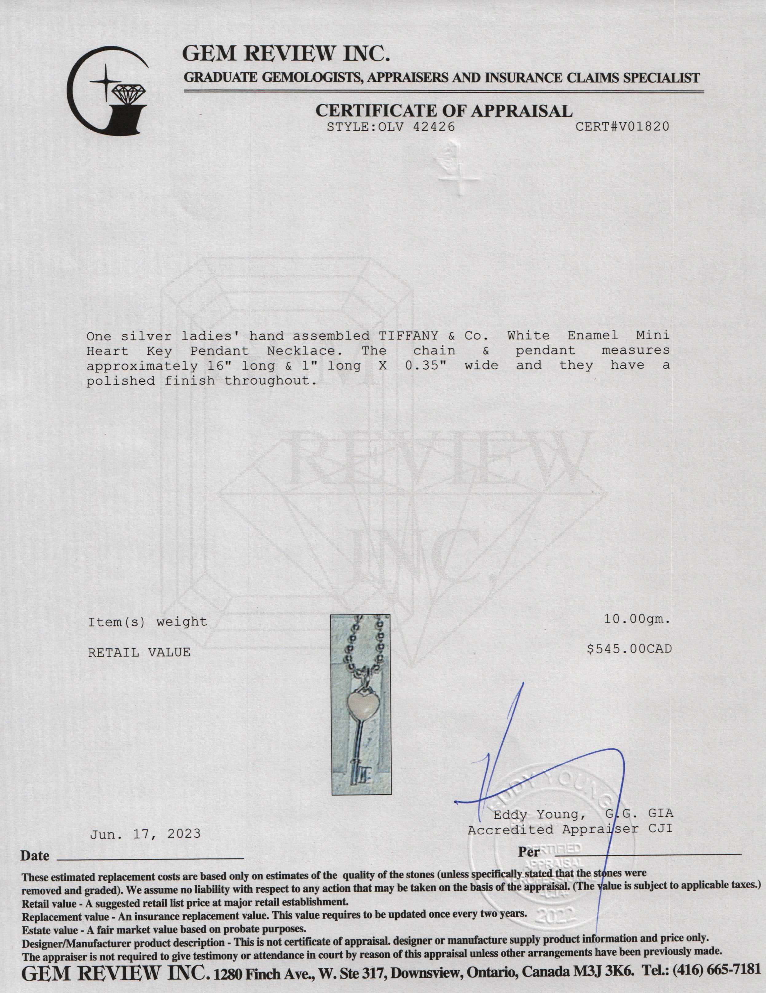 Tiffany & Co. Enamel Mini Heart Key Pendant Necklace