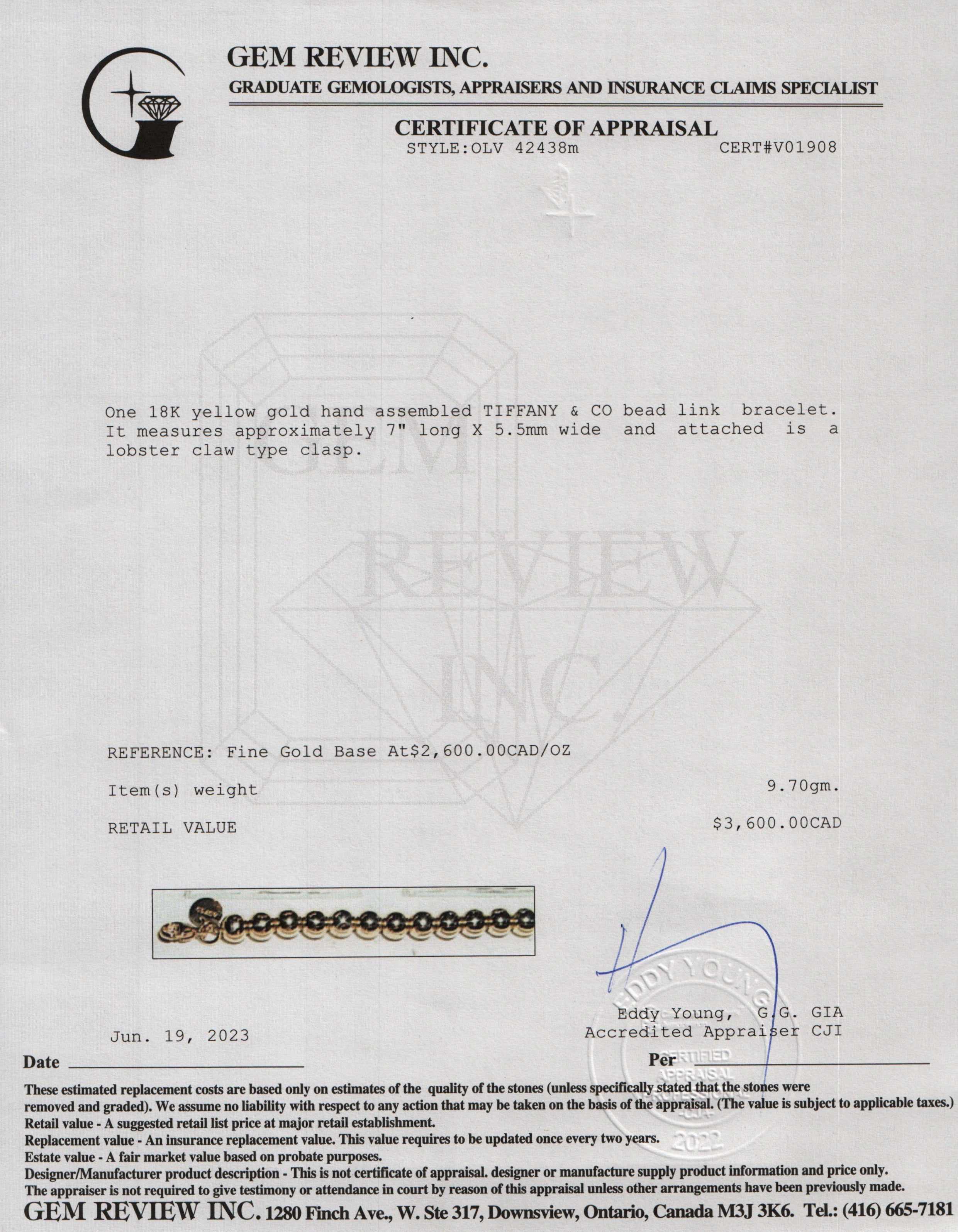 Tiffany & Co. 18k Yellow Gold 5.5 MM Bead Bracelet