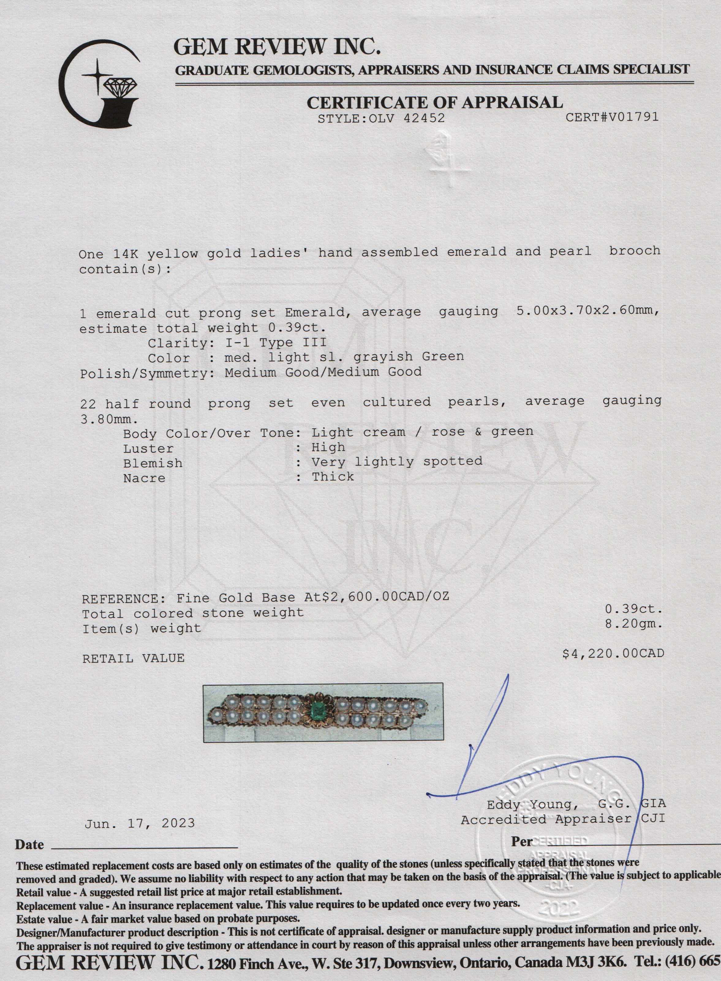 Antique 14k Yellow Gold Emerald & Pearl Brooch