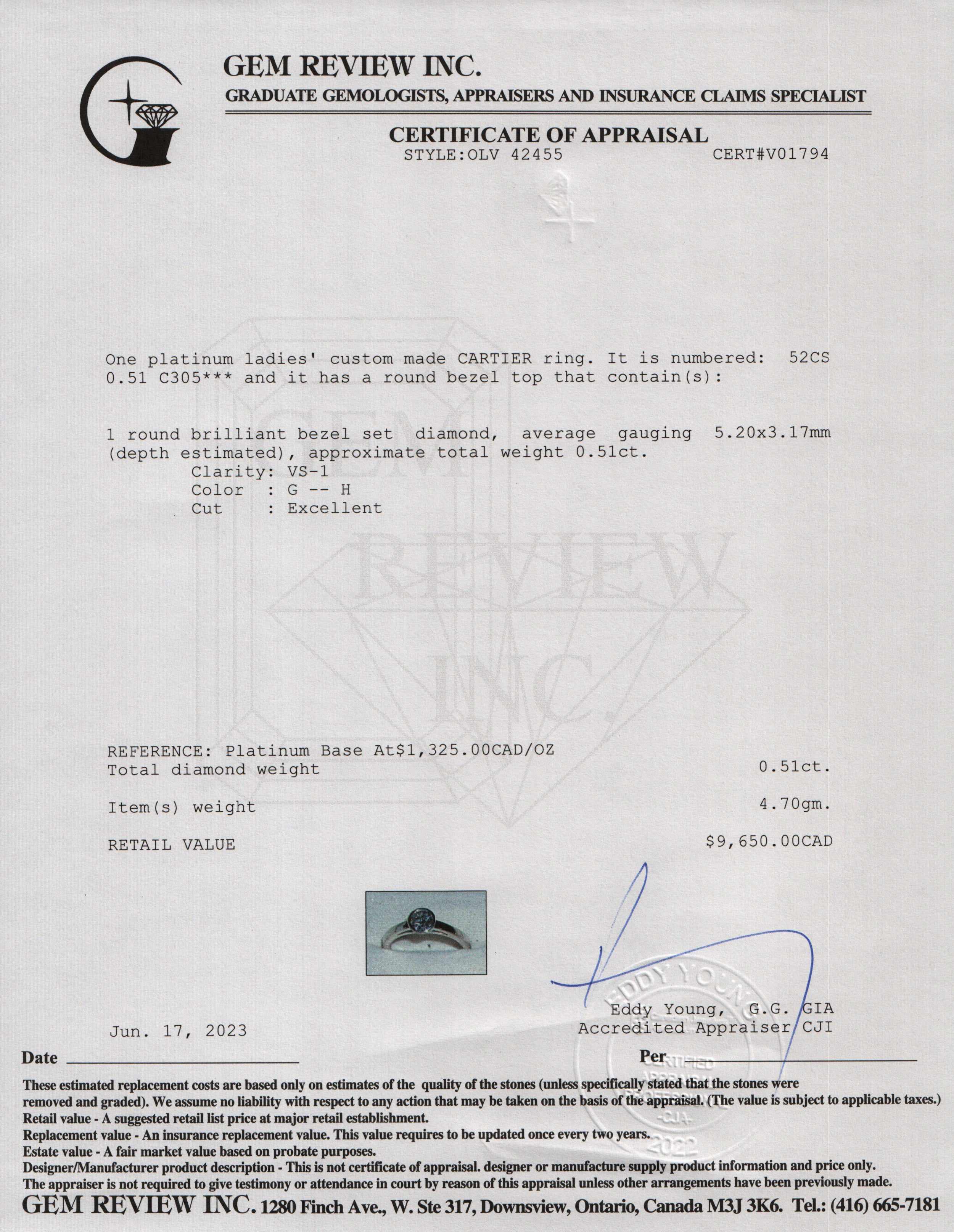 Cartier Platinum 0.51 ct. Diamond Bezel Set Ring w/ Box & Receipt