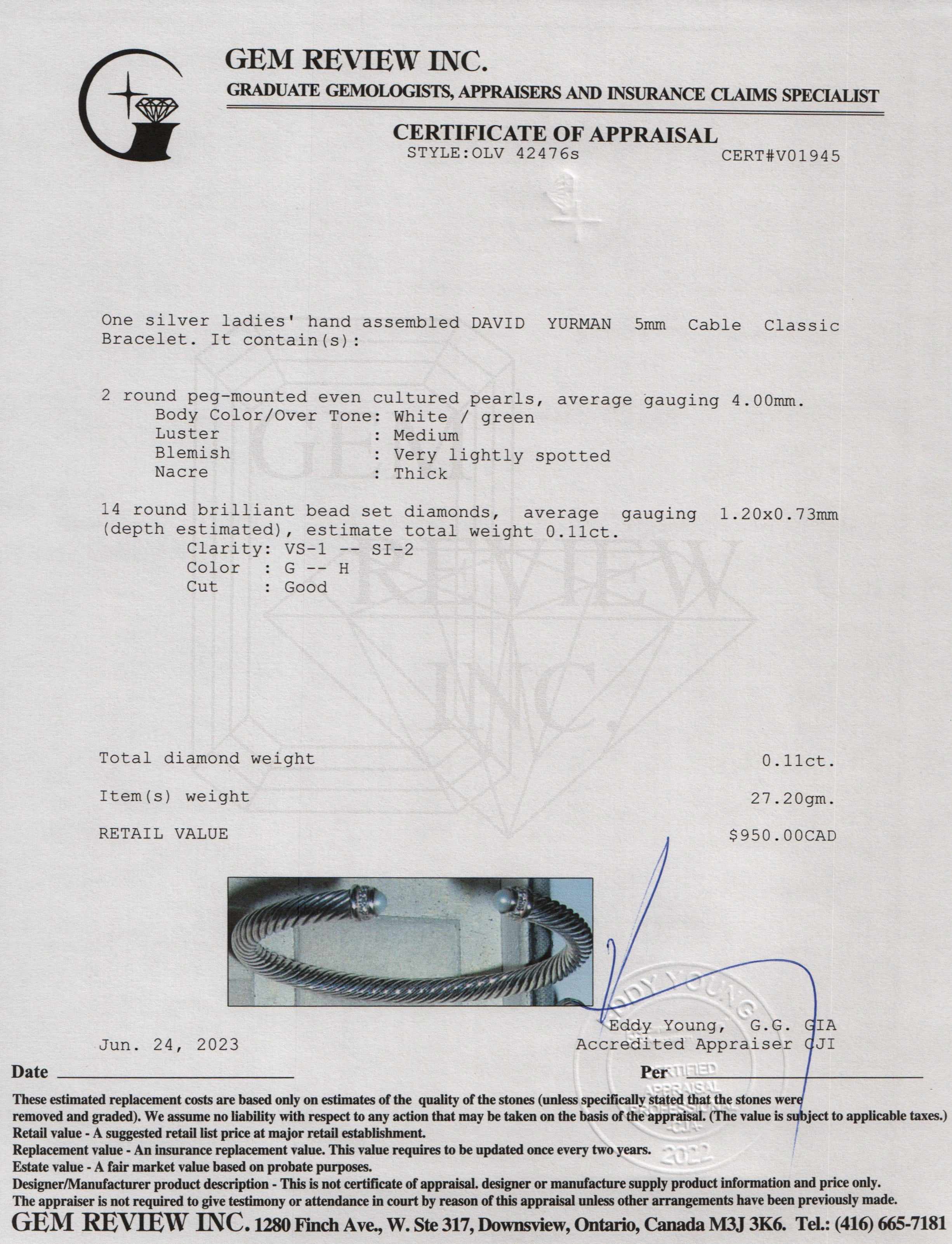 David Yurman Two-Tone 5 MM Cable Classics Bracelet with Pearls & Diamonds