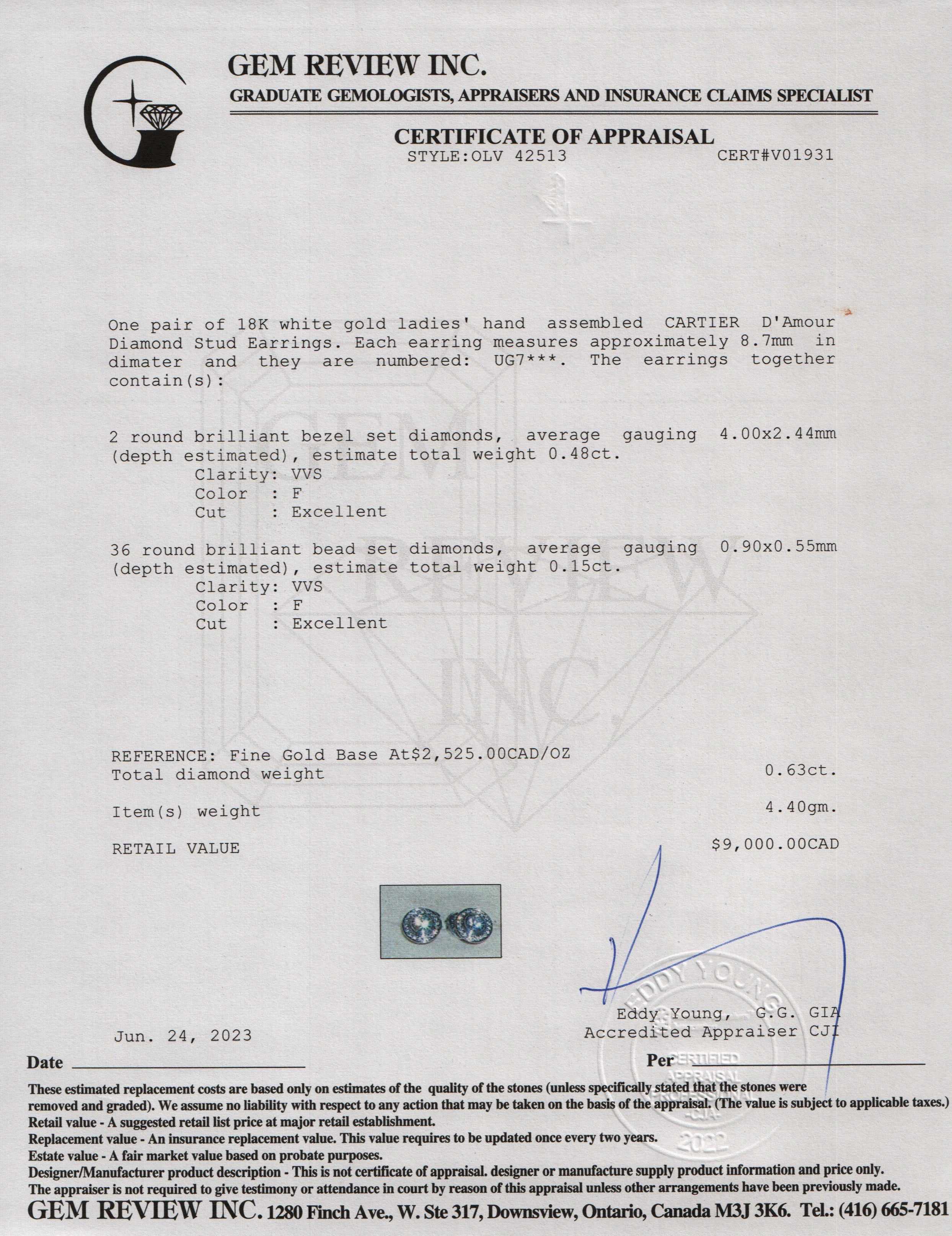 Cartier 18k White Gold D'Amour Pave Diamond Stud Earrings w/ Receipt & Certificate