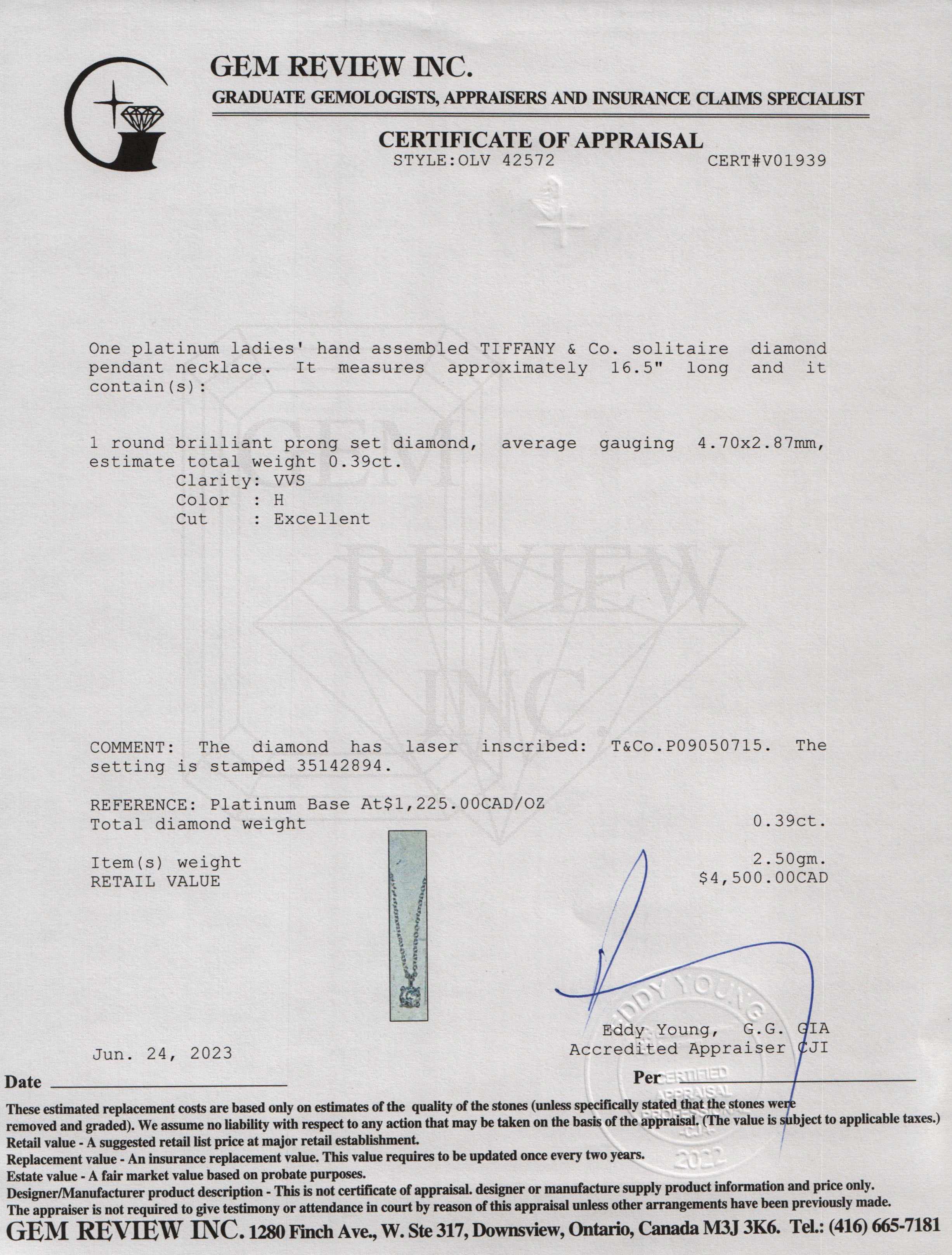 Tiffany & Co. Platinum 0.39 ct. Solitaire Diamond Pendant Necklace w/ Box