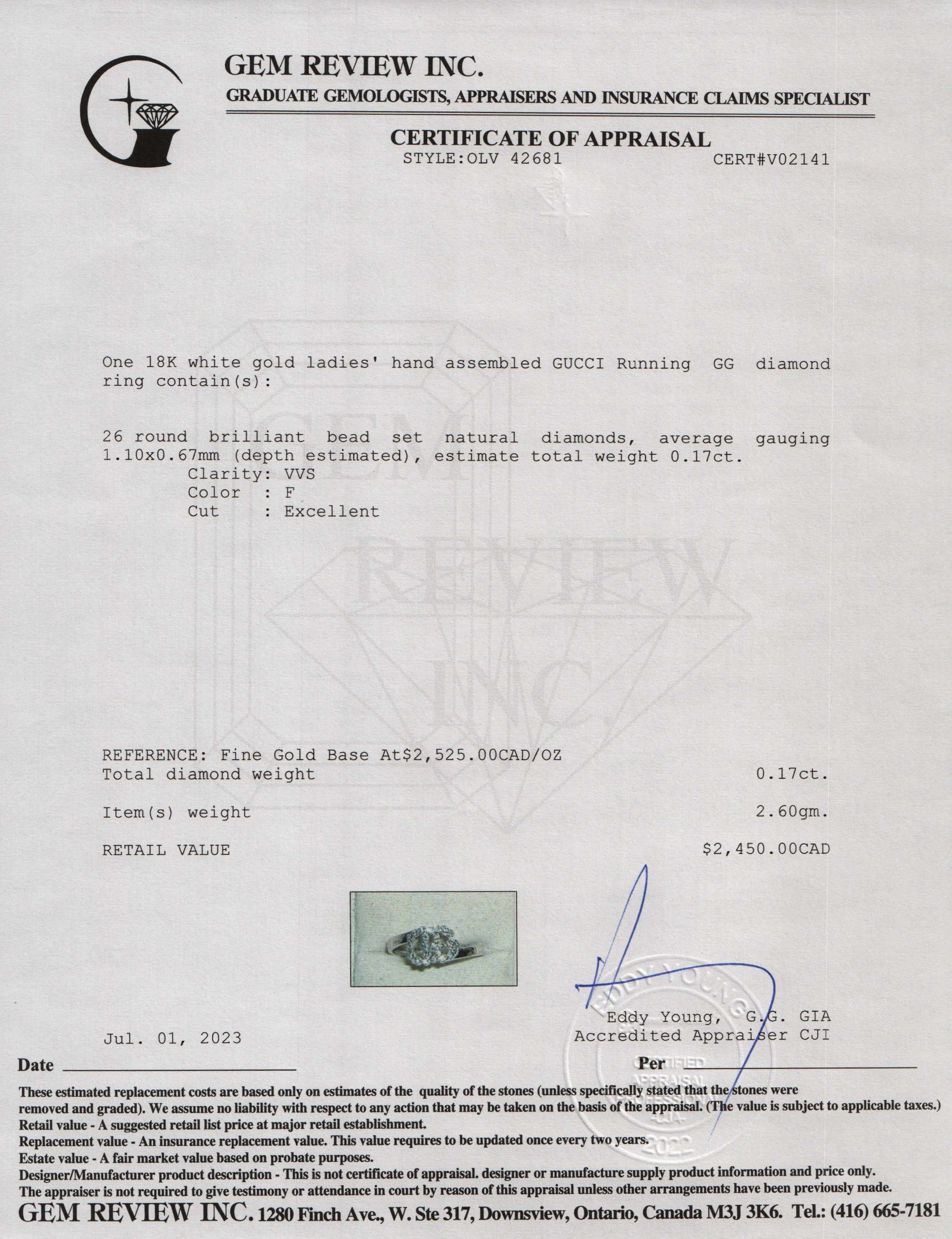 Gucci 18k White Gold GG Running Diamond Ring w/ Box