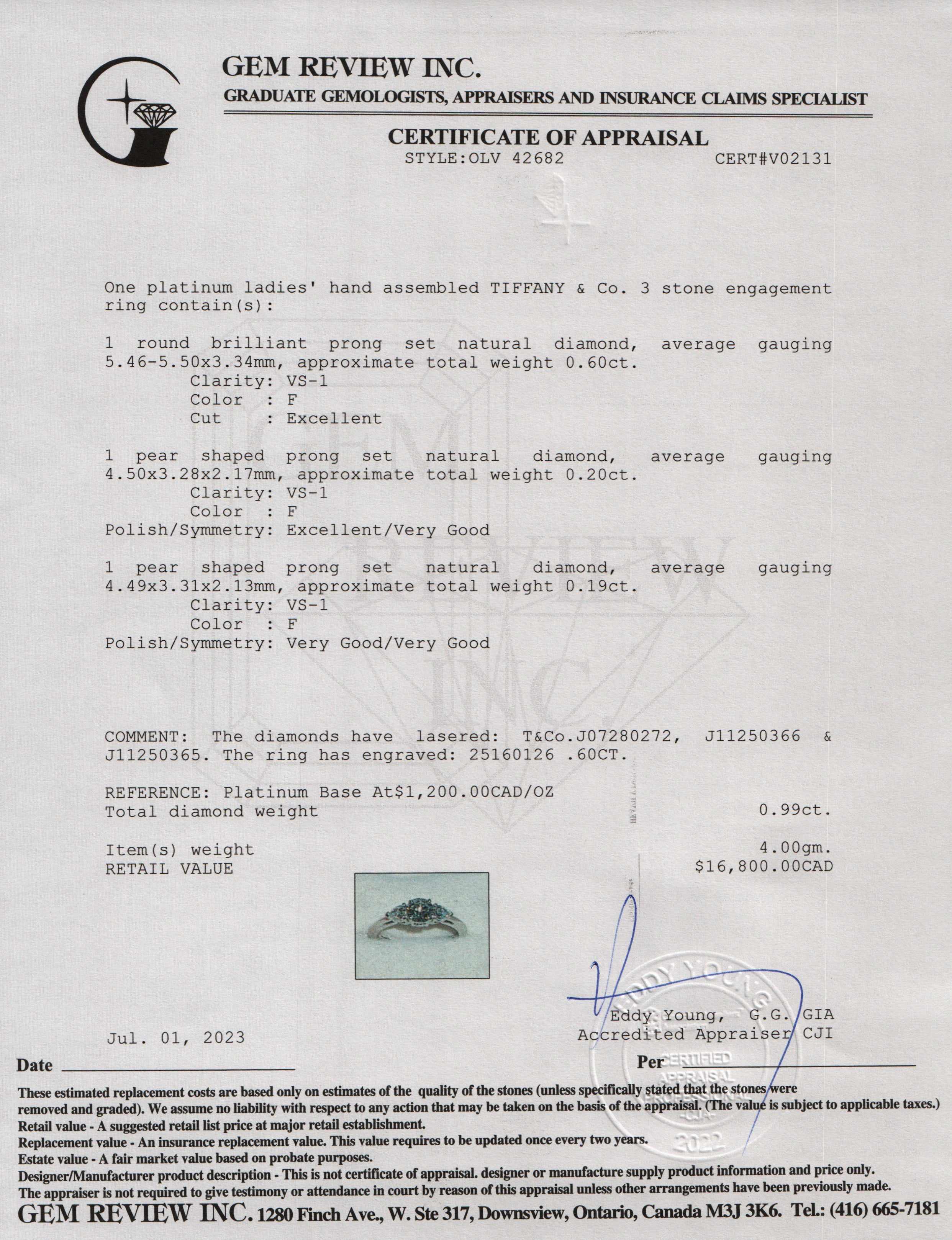 Tiffany & Co. Platinum Three Stone Diamond Ring w/ Box & Certificates